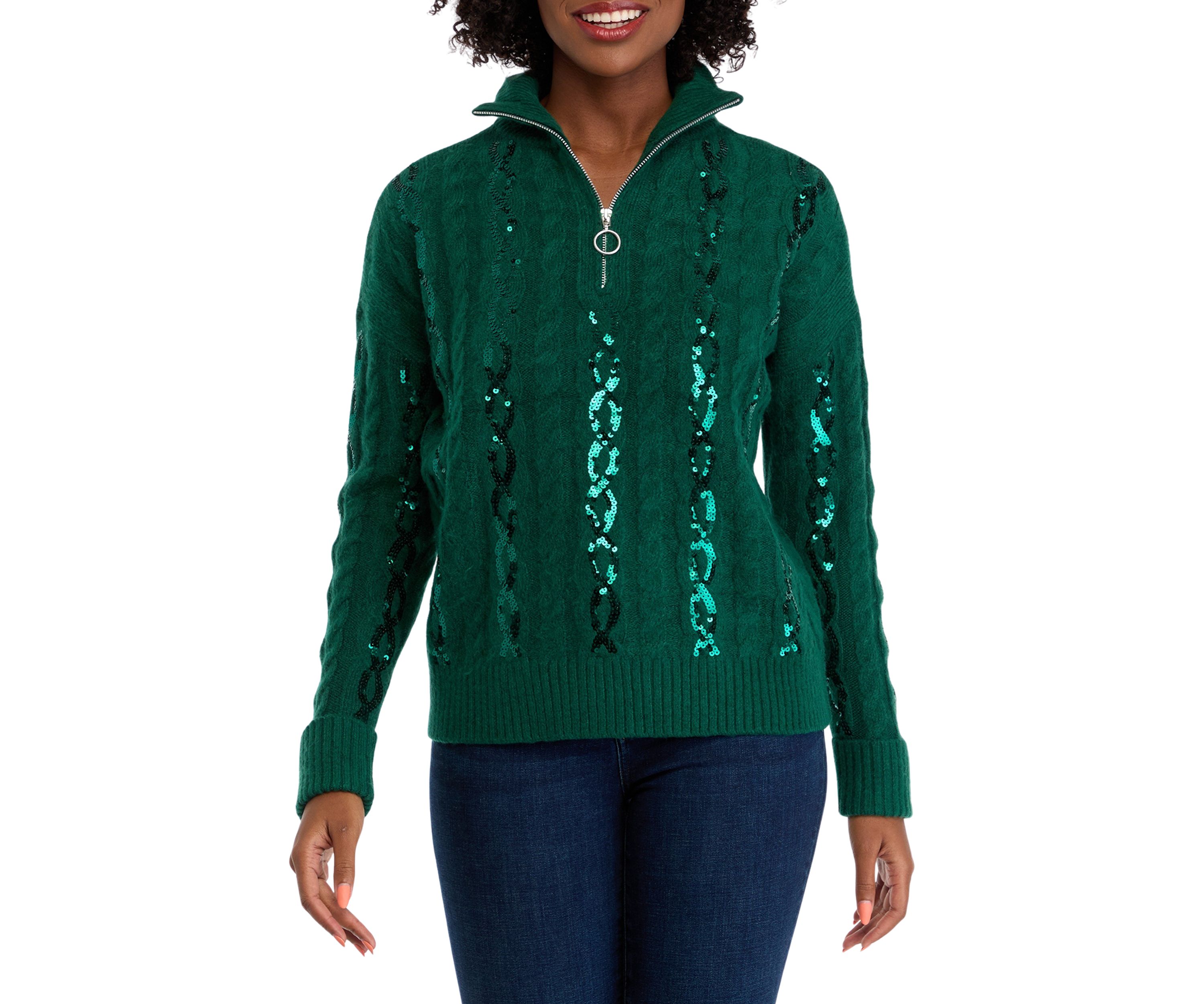 Womens Sequin 1/4 Zip Sweater Knit Pullover
