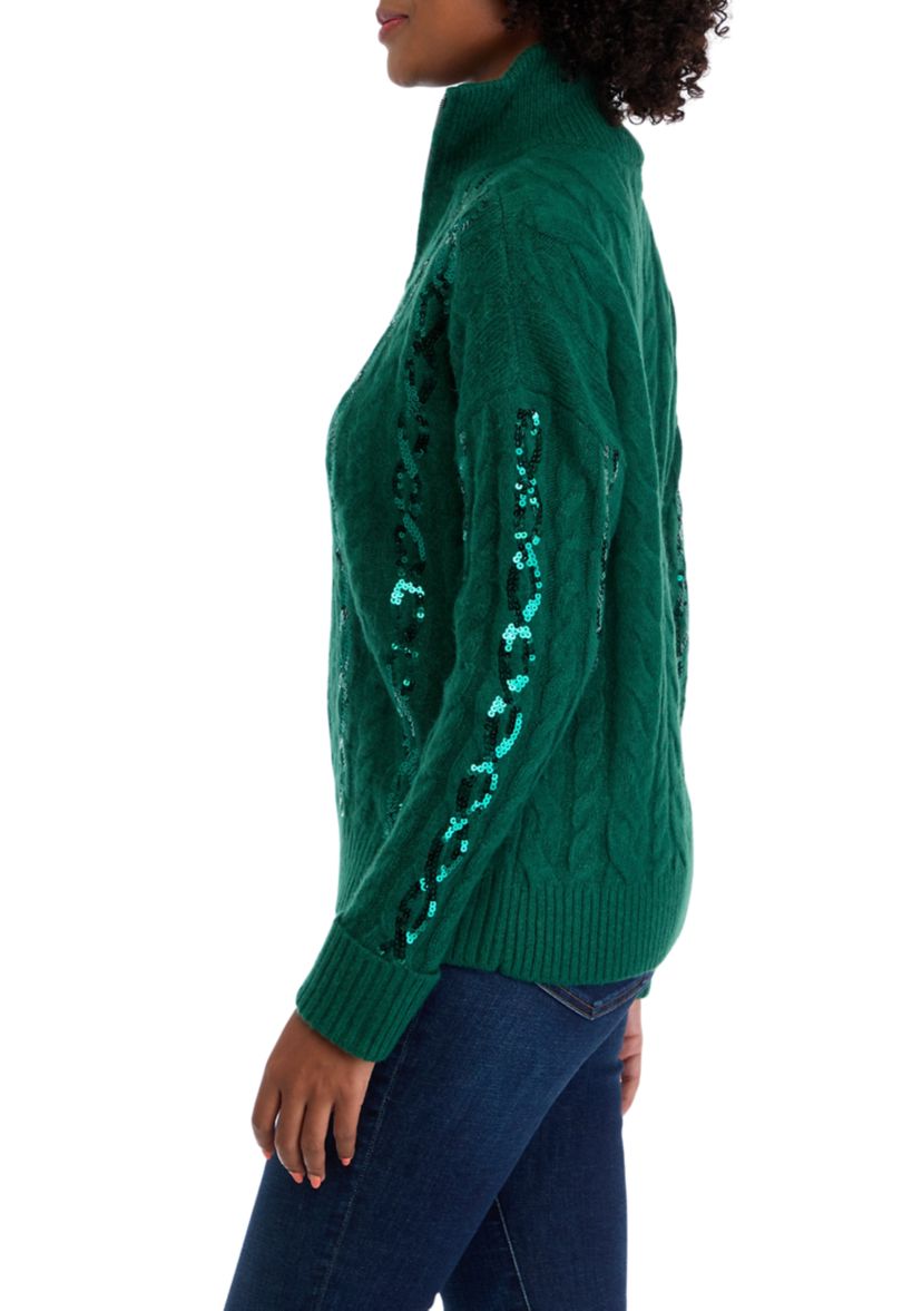 Womens Sequin 1/4 Zip Sweater Knit Pullover