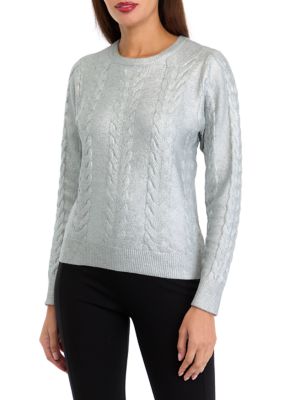 Crown  Ivy Womens Cable Metallic Sweater Silver XXL