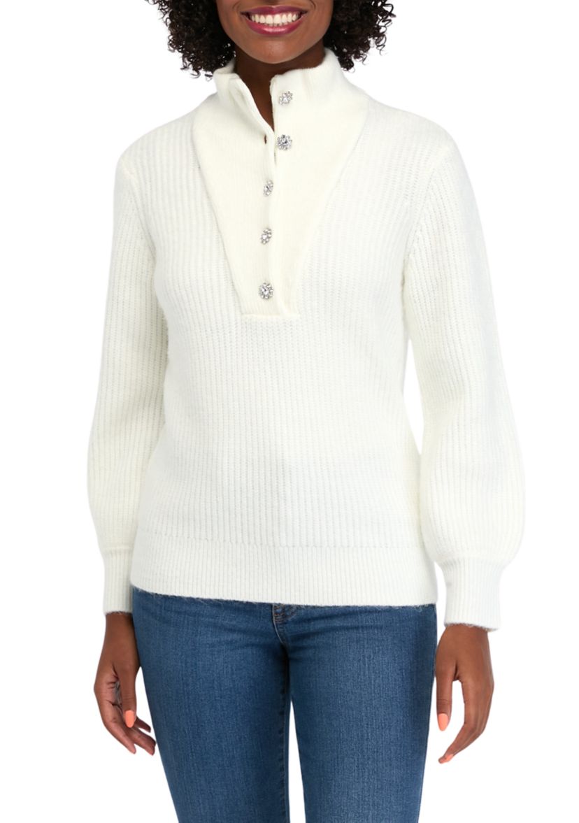 Womens 1/4 Jewel Button Sweater