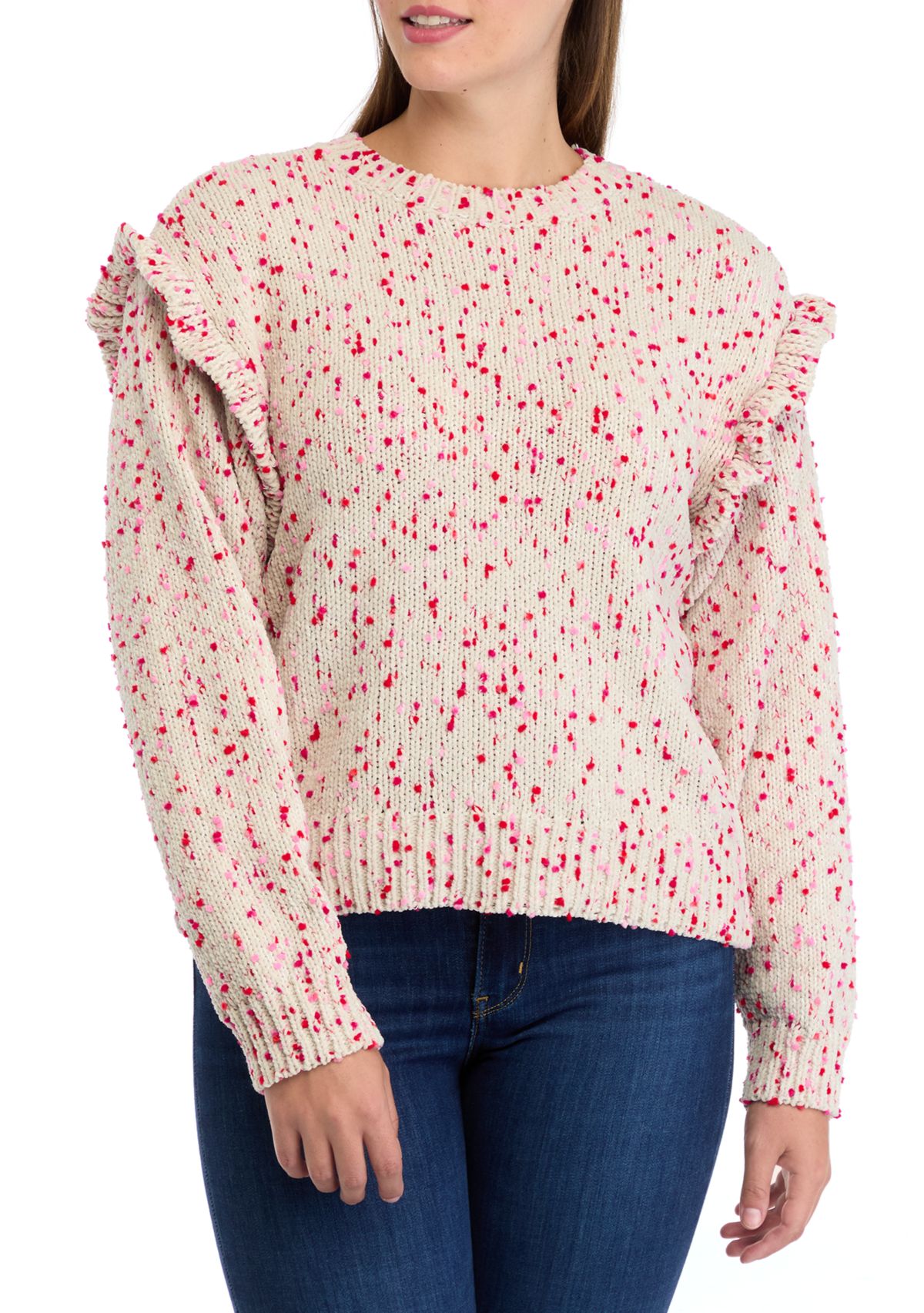 Womens Ruffle Shoulder Confetti Sweater