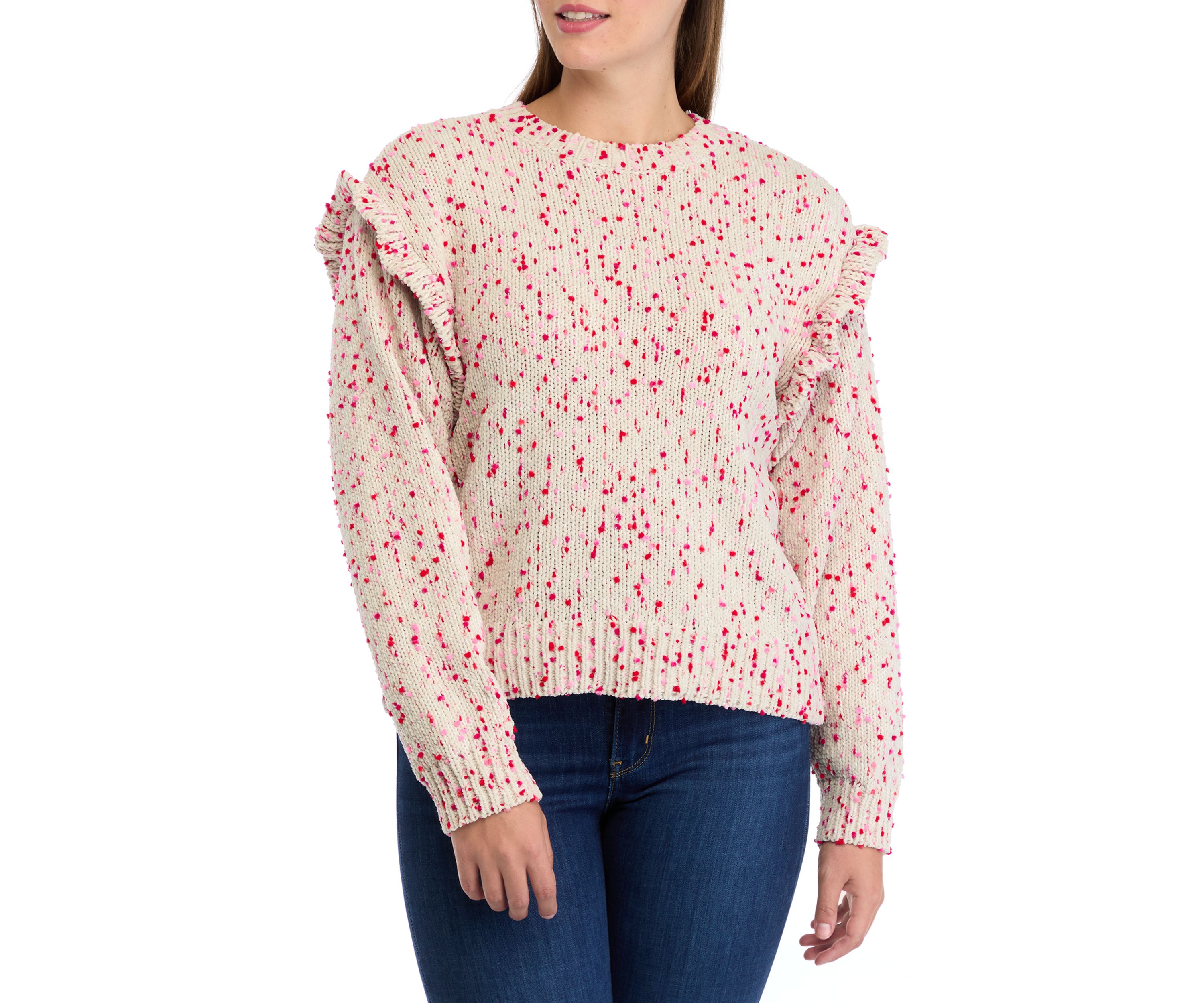 Womens Ruffle Shoulder Confetti Sweater