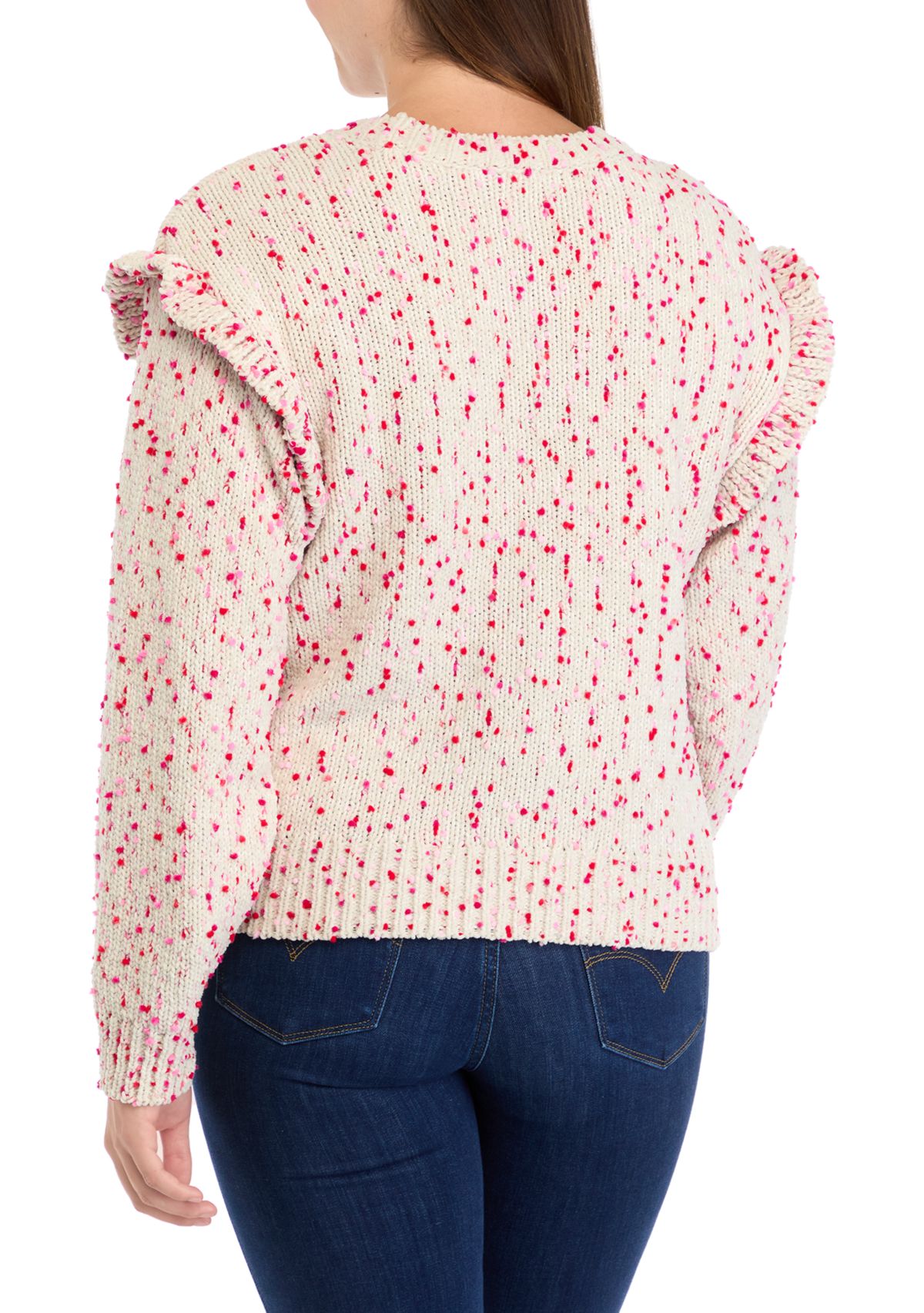 Womens Ruffle Shoulder Confetti Sweater