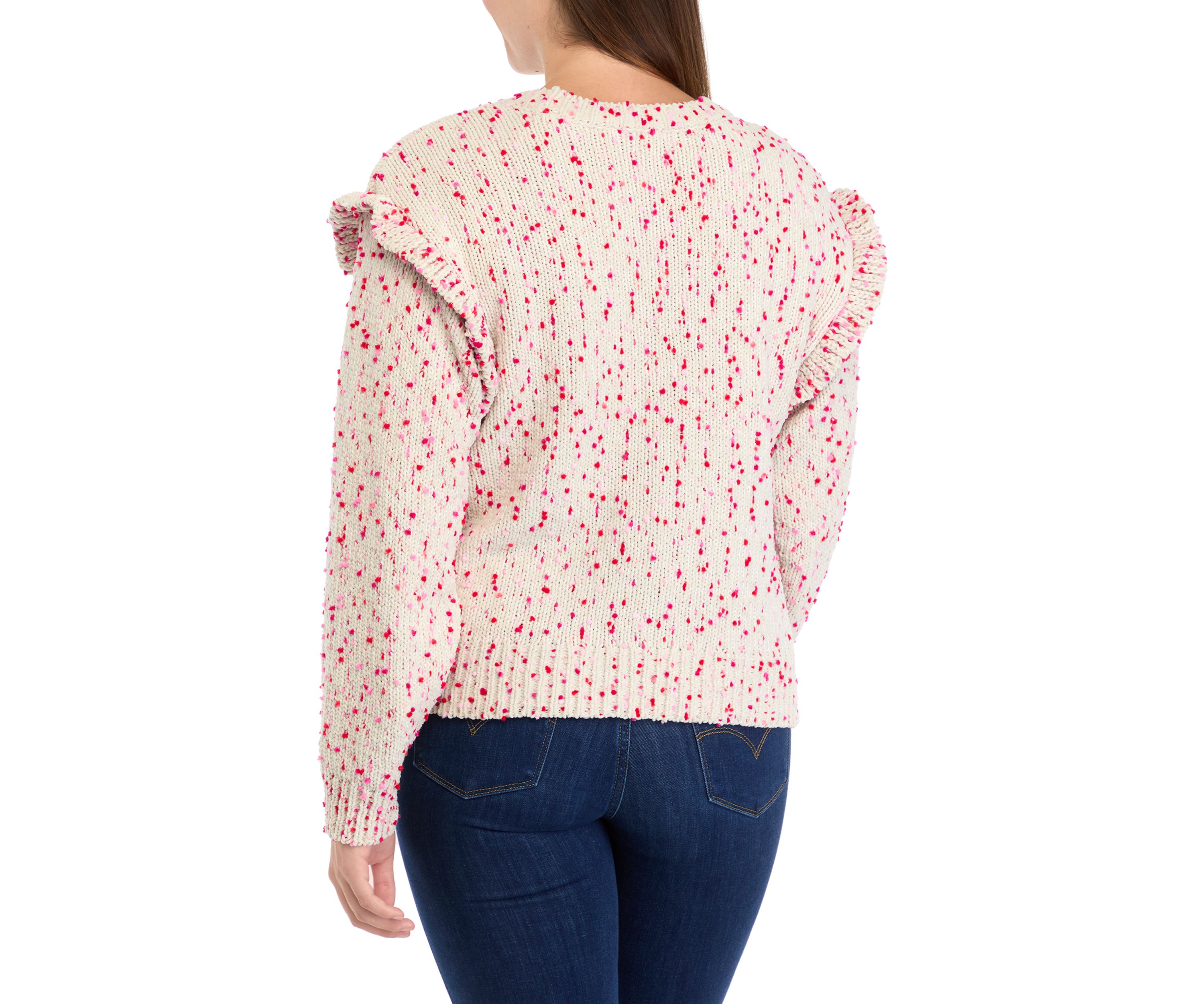 Womens Ruffle Shoulder Confetti Sweater
