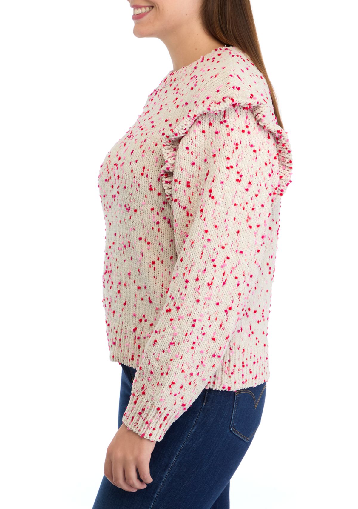 Womens Ruffle Shoulder Confetti Sweater