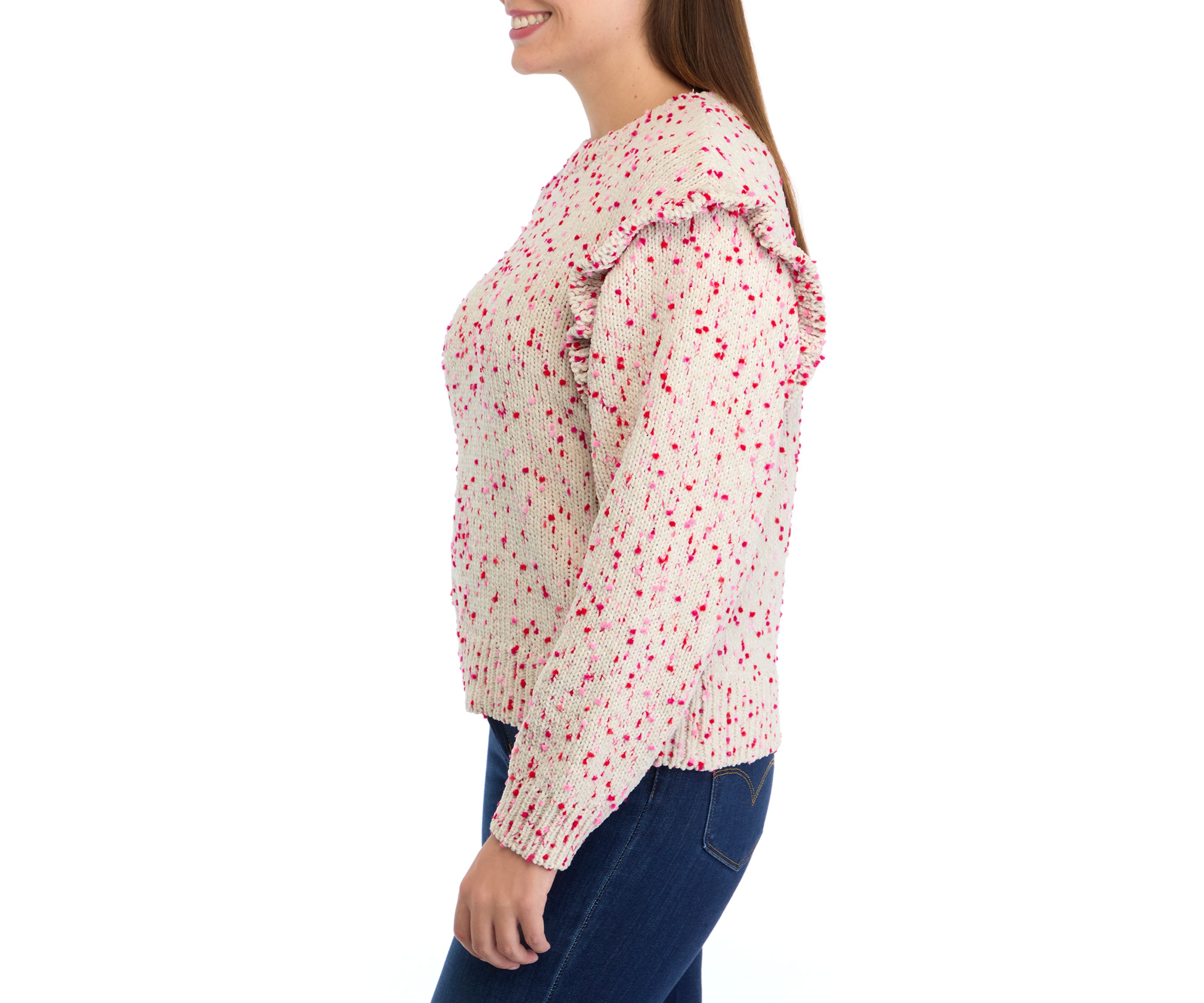 Womens Ruffle Shoulder Confetti Sweater