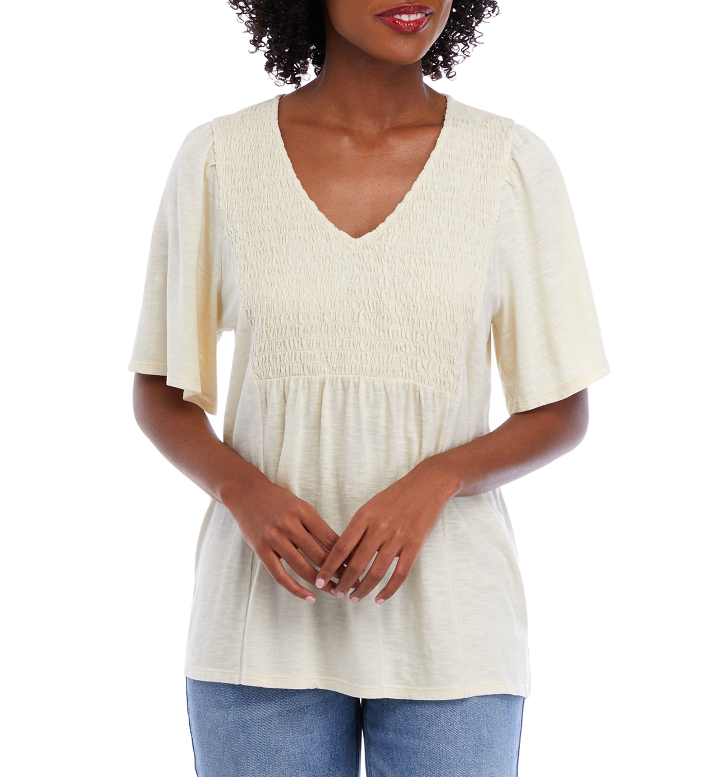 Womens Short Sleeve Smocked Solid V-Neck Top