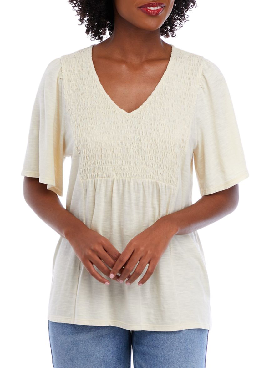 Womens Short Sleeve Smocked Solid V-Neck Top