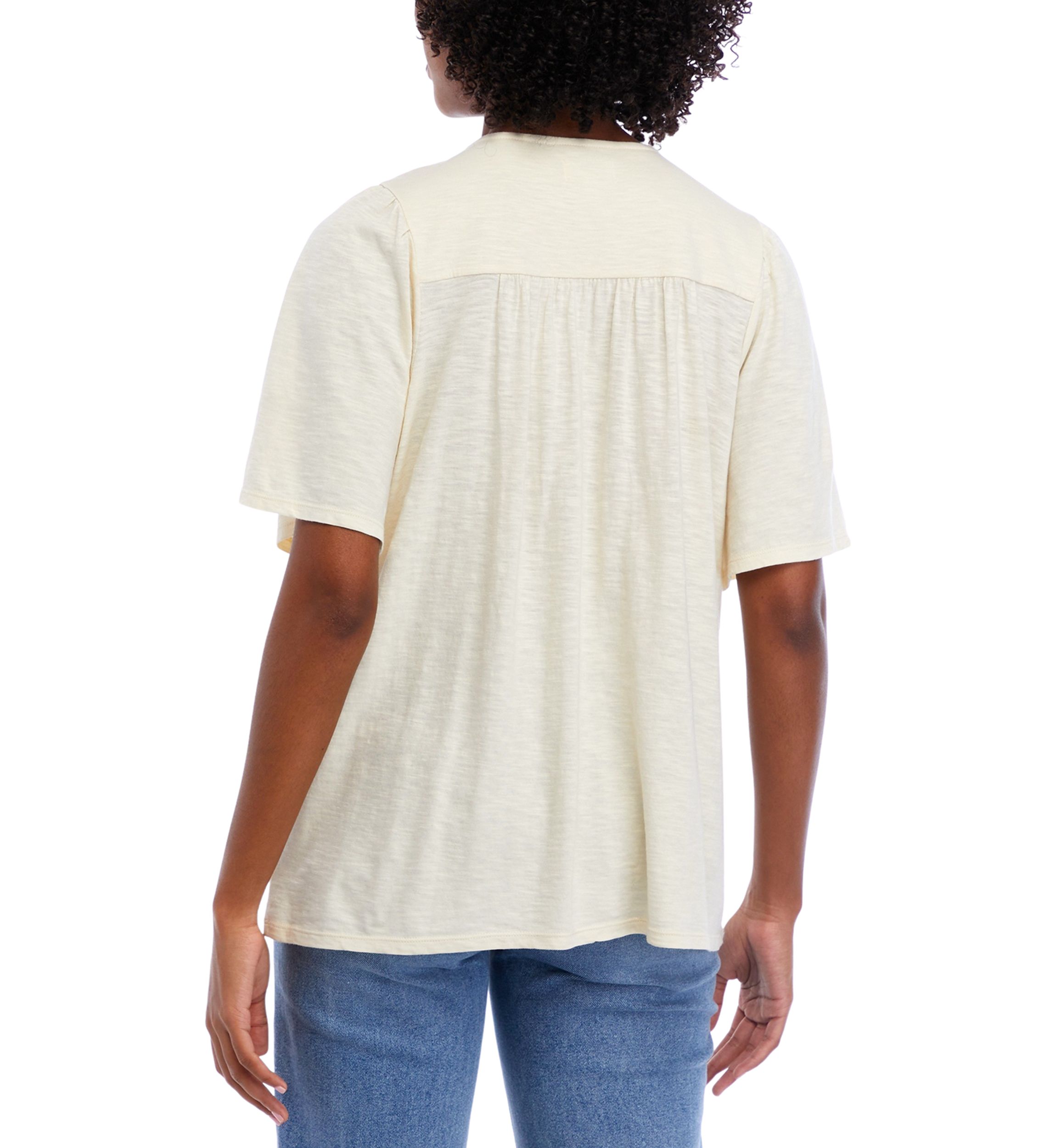 Womens Short Sleeve Smocked Solid V-Neck Top