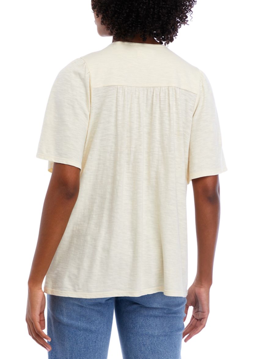 Womens Short Sleeve Smocked Solid V-Neck Top