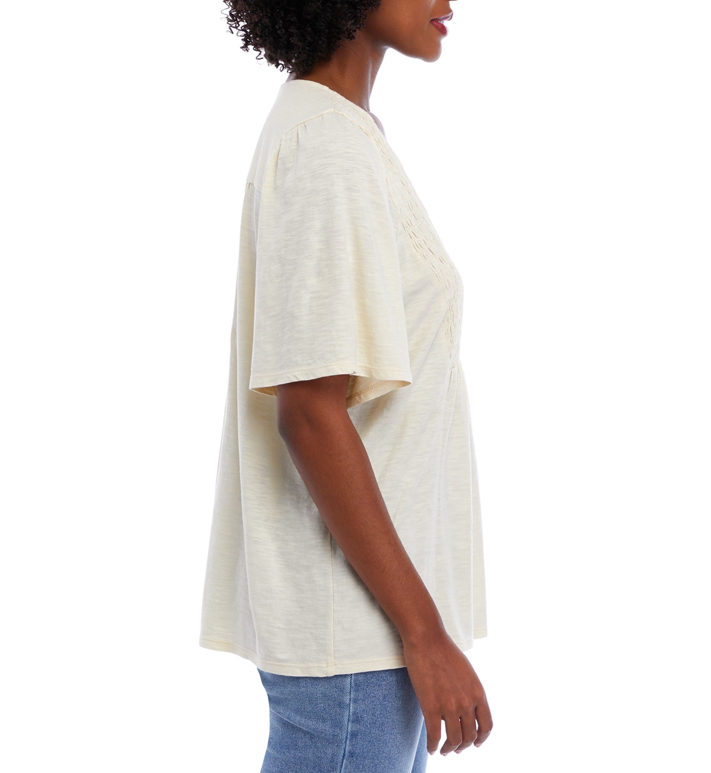 Womens Short Sleeve Smocked Solid V-Neck Top