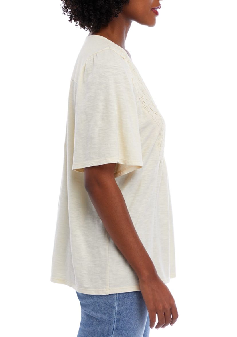 Womens Short Sleeve Smocked Solid V-Neck Top