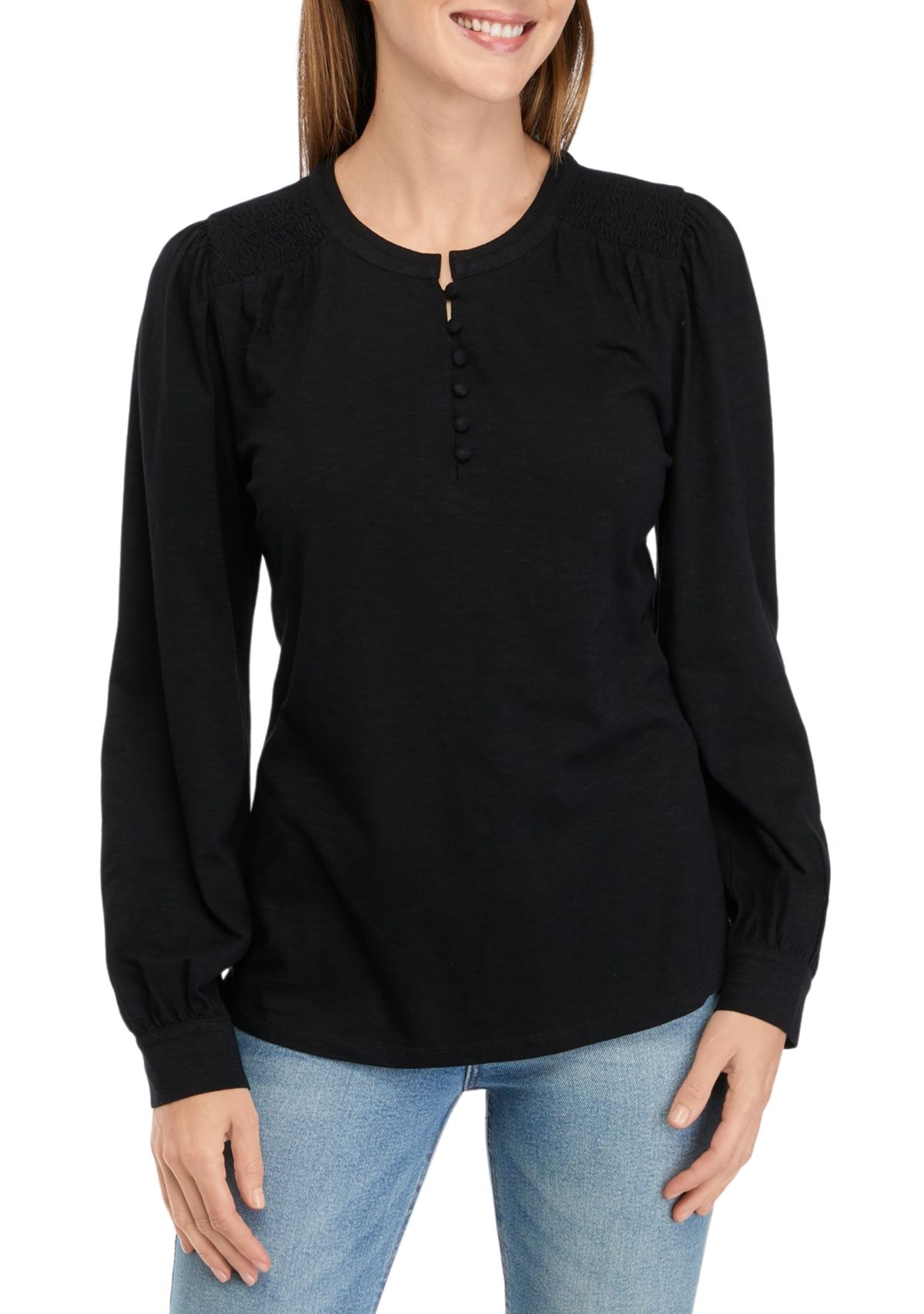 Womens Long Sleeve Smocked Henley Top