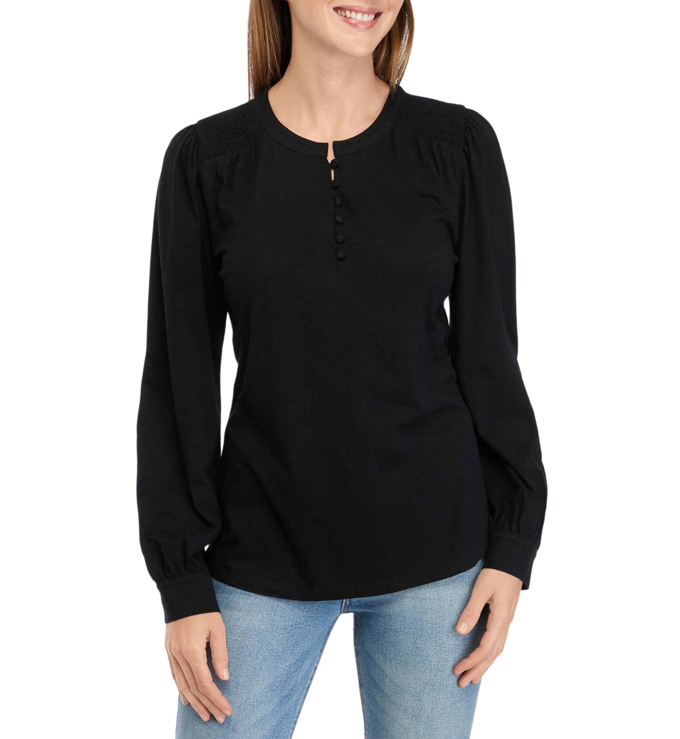 Womens Long Sleeve Smocked Henley Top