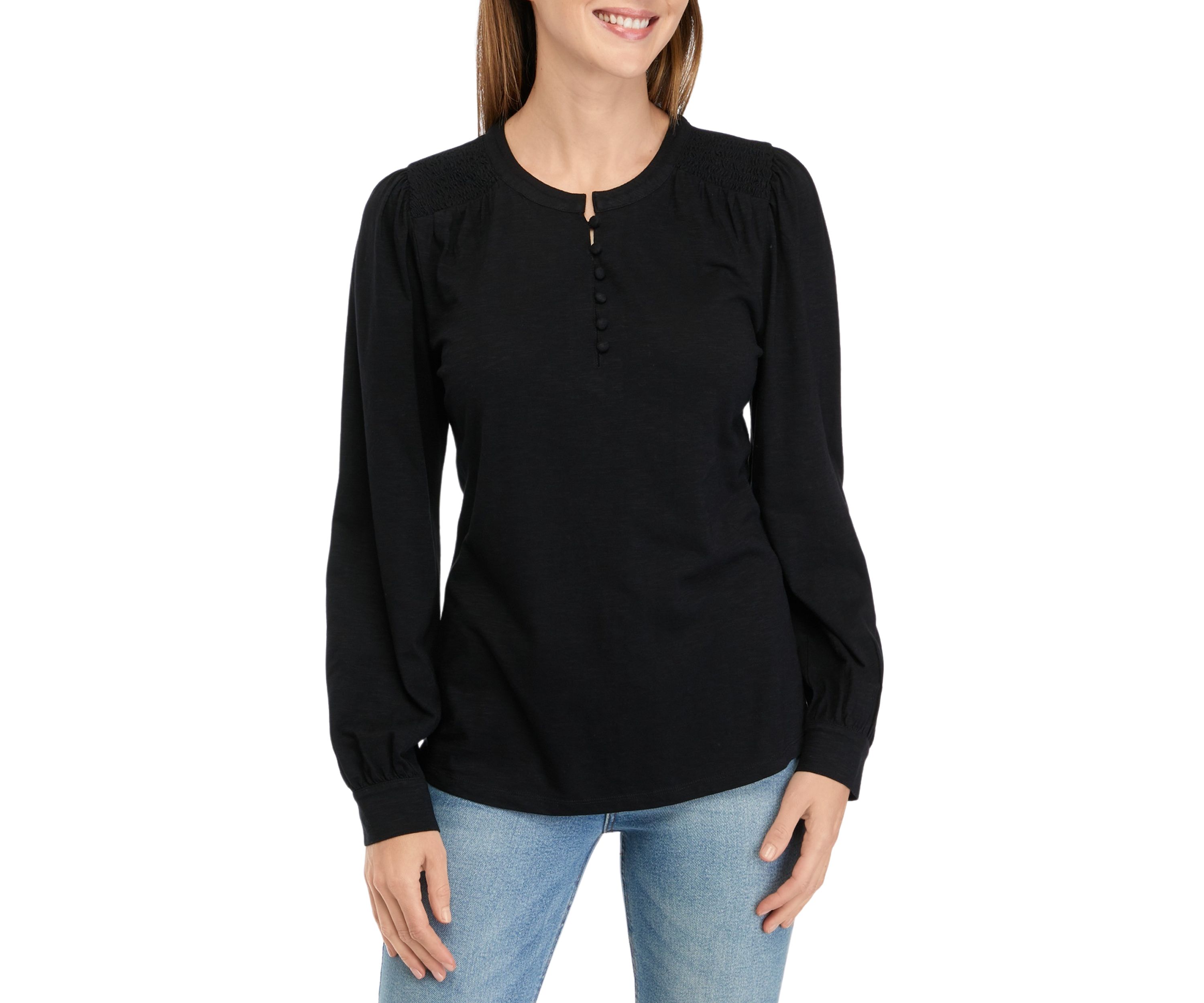 Womens Long Sleeve Smocked Henley Top