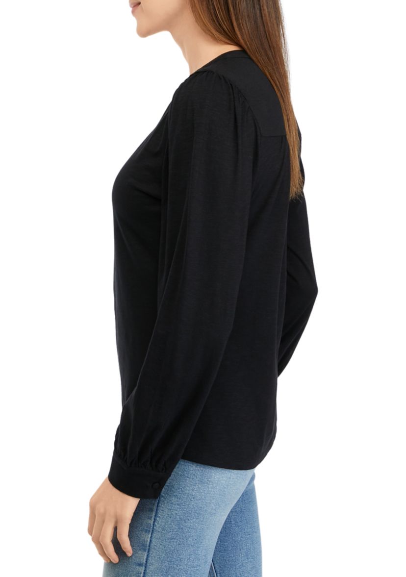 Womens Long Sleeve Smocked Henley Top
