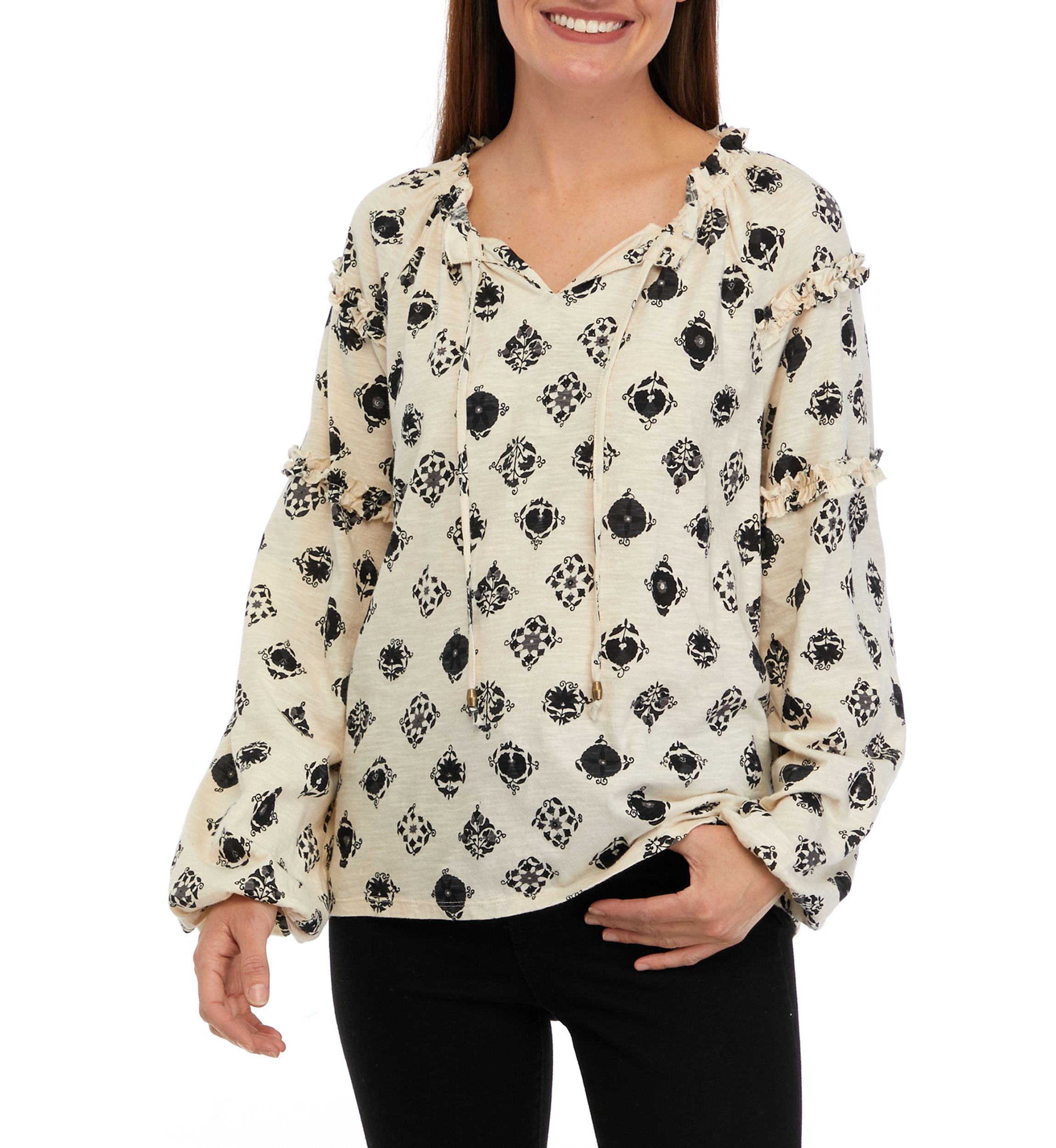 Womens Ruffle Sleeve Printed Peasant Top