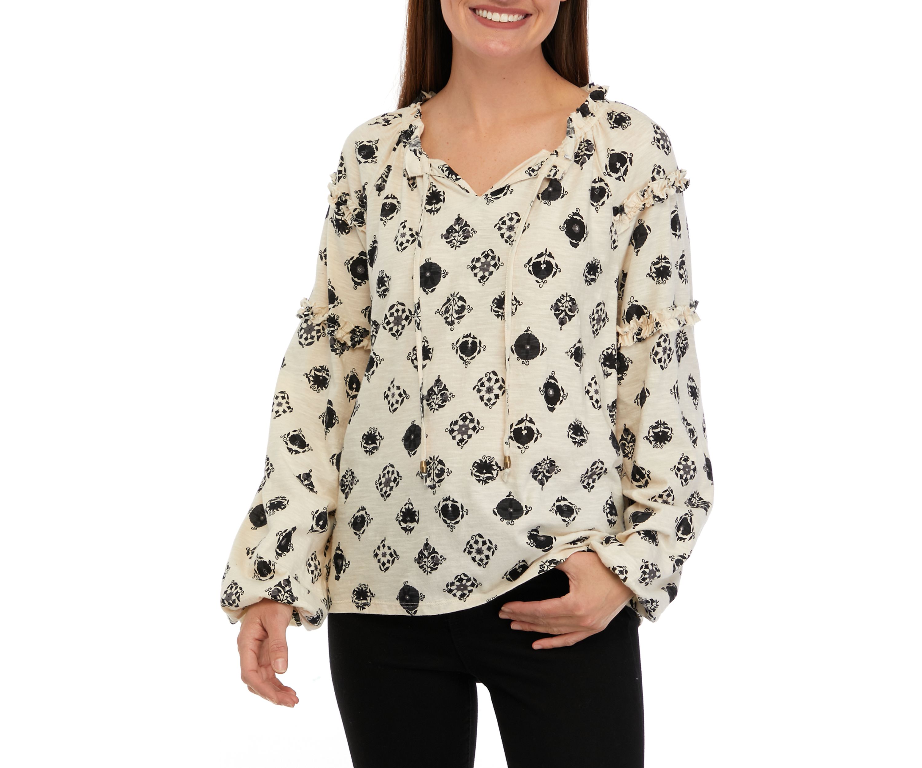Womens Ruffle Sleeve Printed Peasant Top