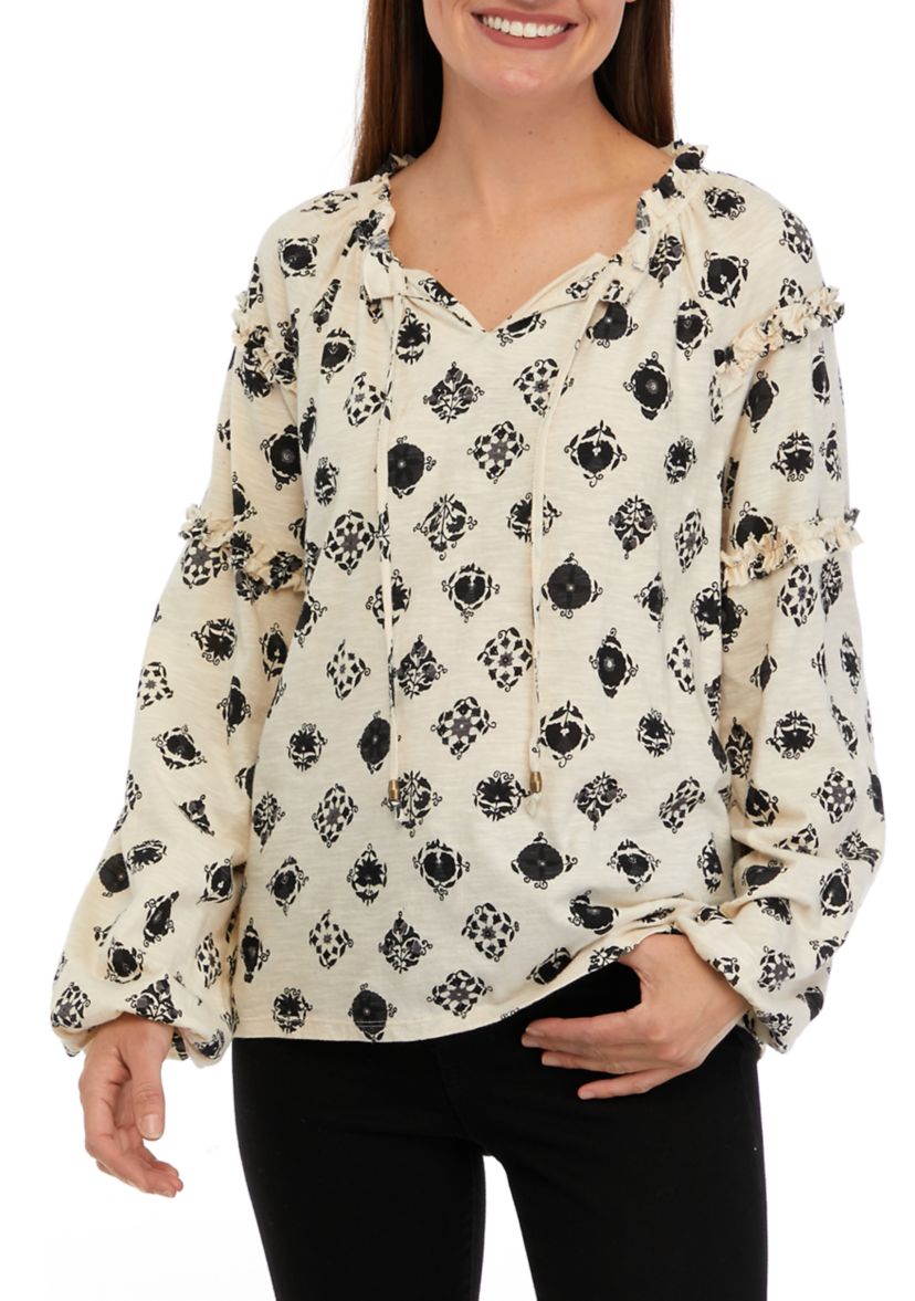 Womens Ruffle Sleeve Printed Peasant Top