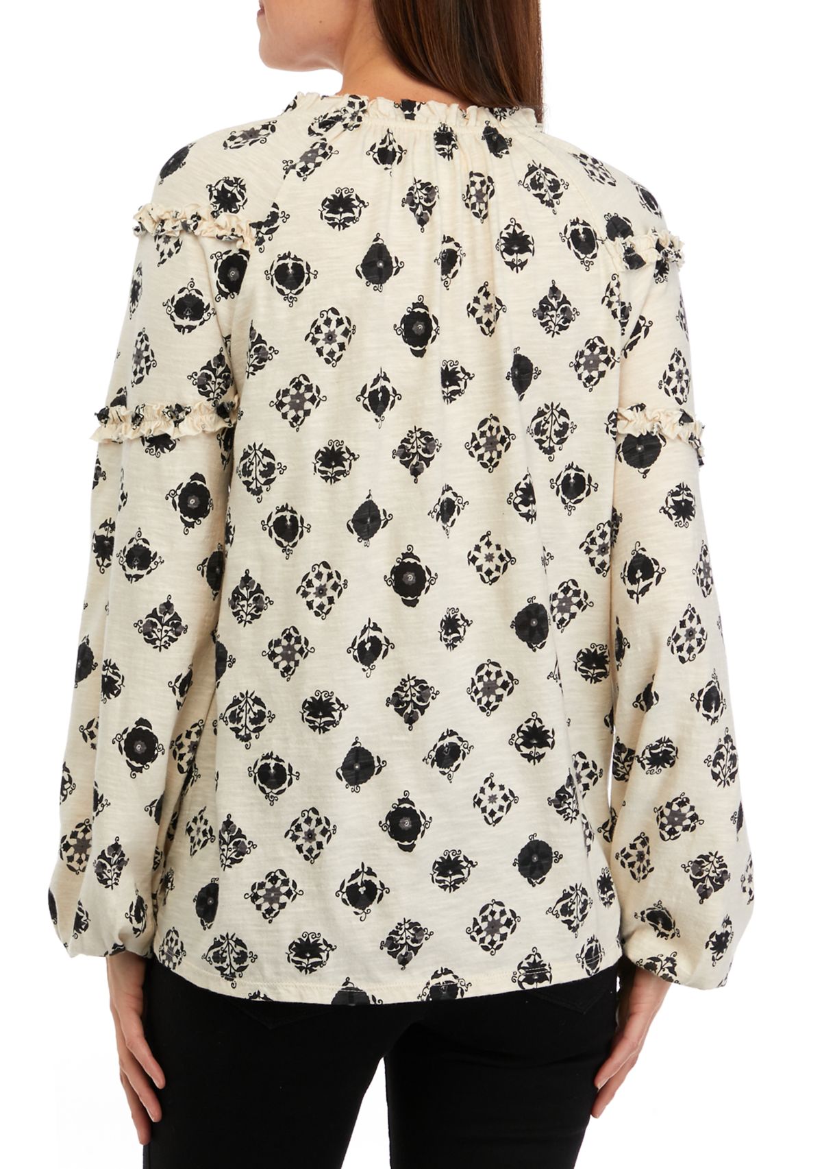 Womens Ruffle Sleeve Printed Peasant Top