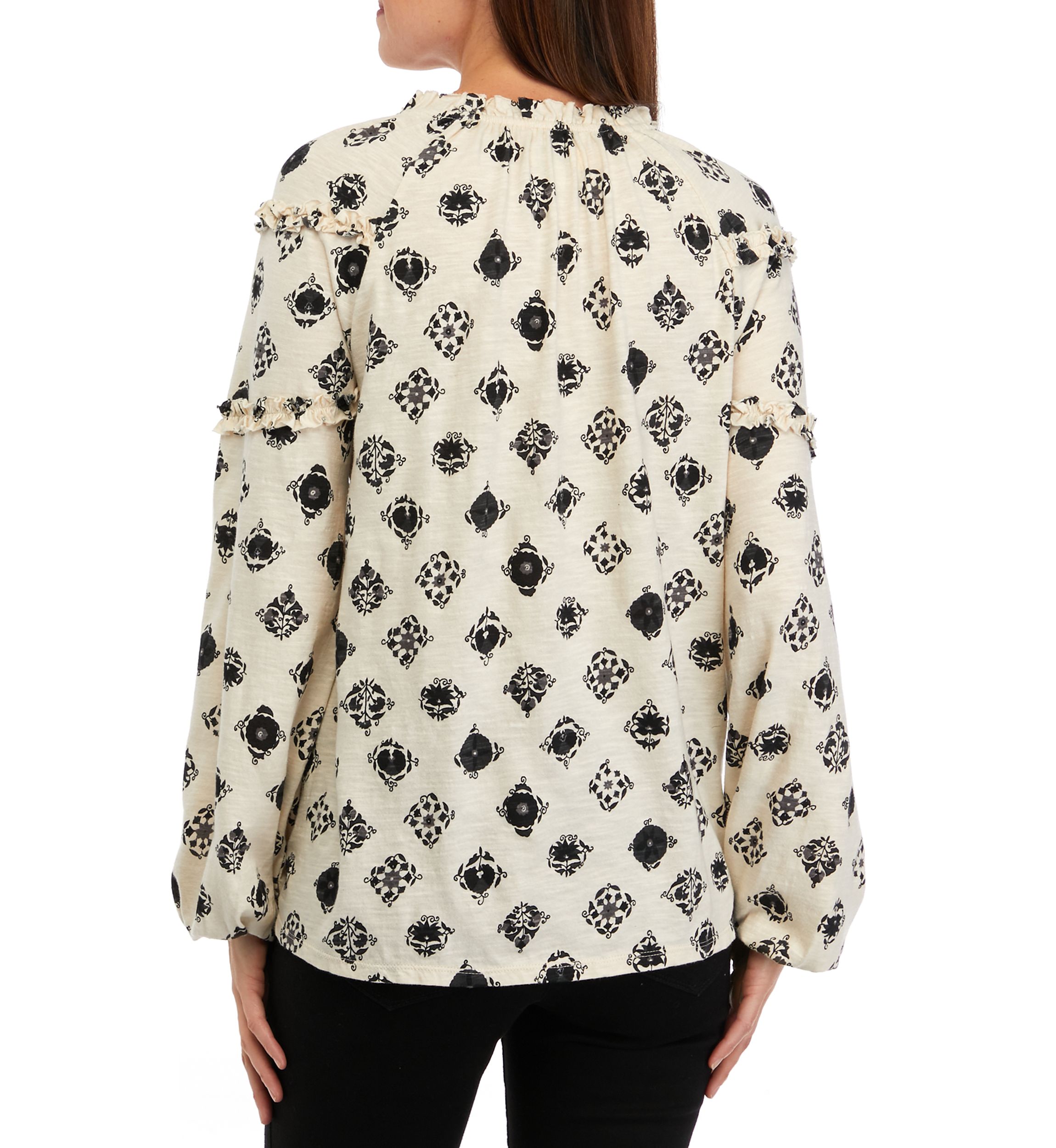 Womens Ruffle Sleeve Printed Peasant Top