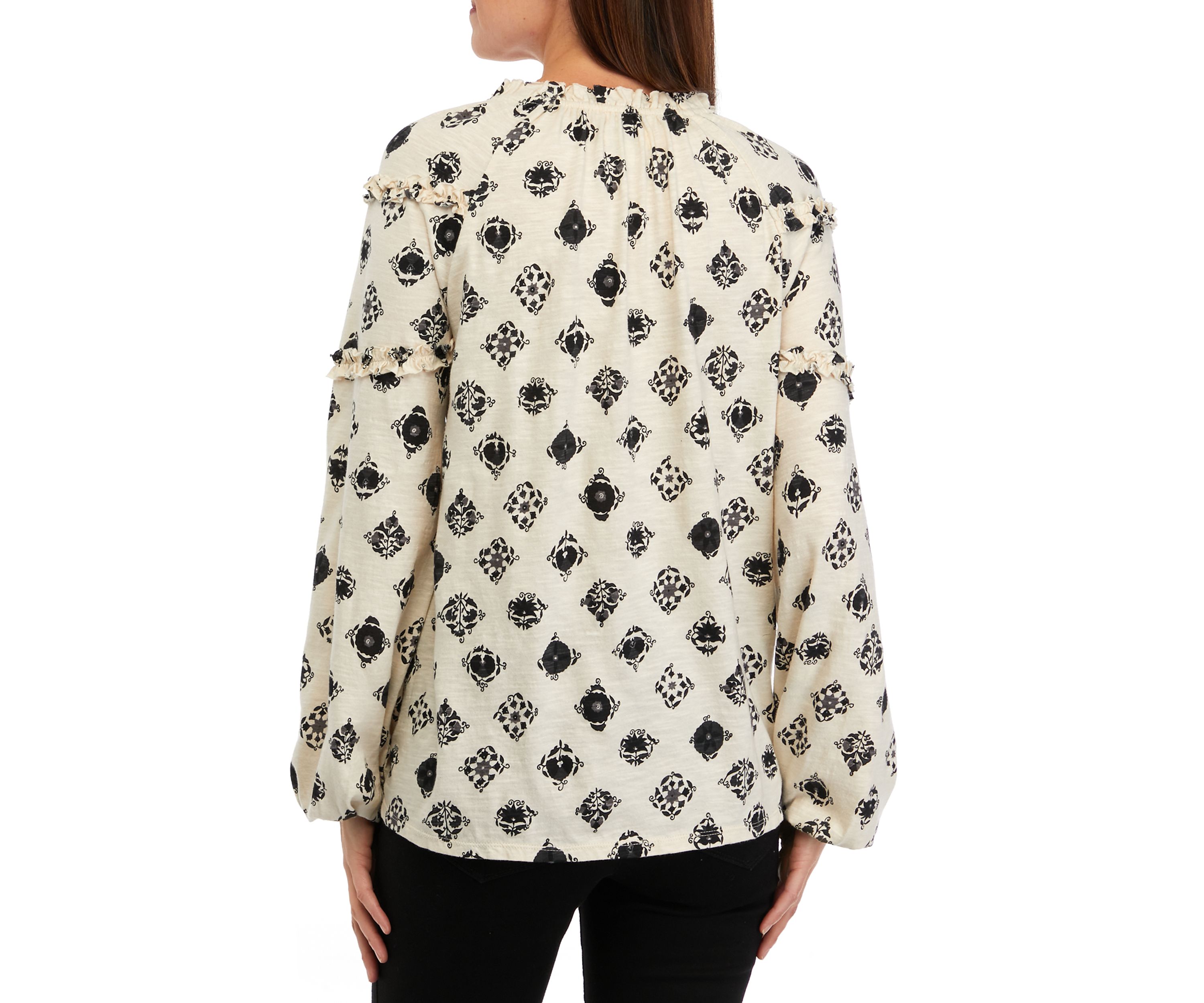 Womens Ruffle Sleeve Printed Peasant Top