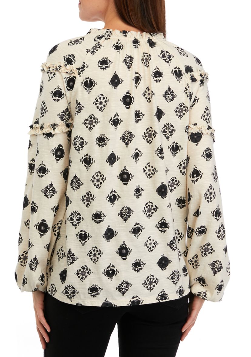 Womens Ruffle Sleeve Printed Peasant Top