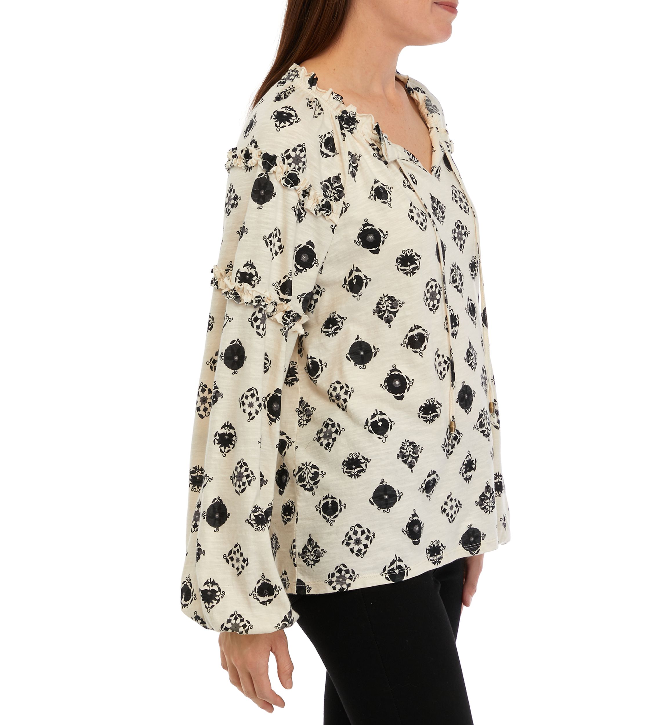 Womens Ruffle Sleeve Printed Peasant Top