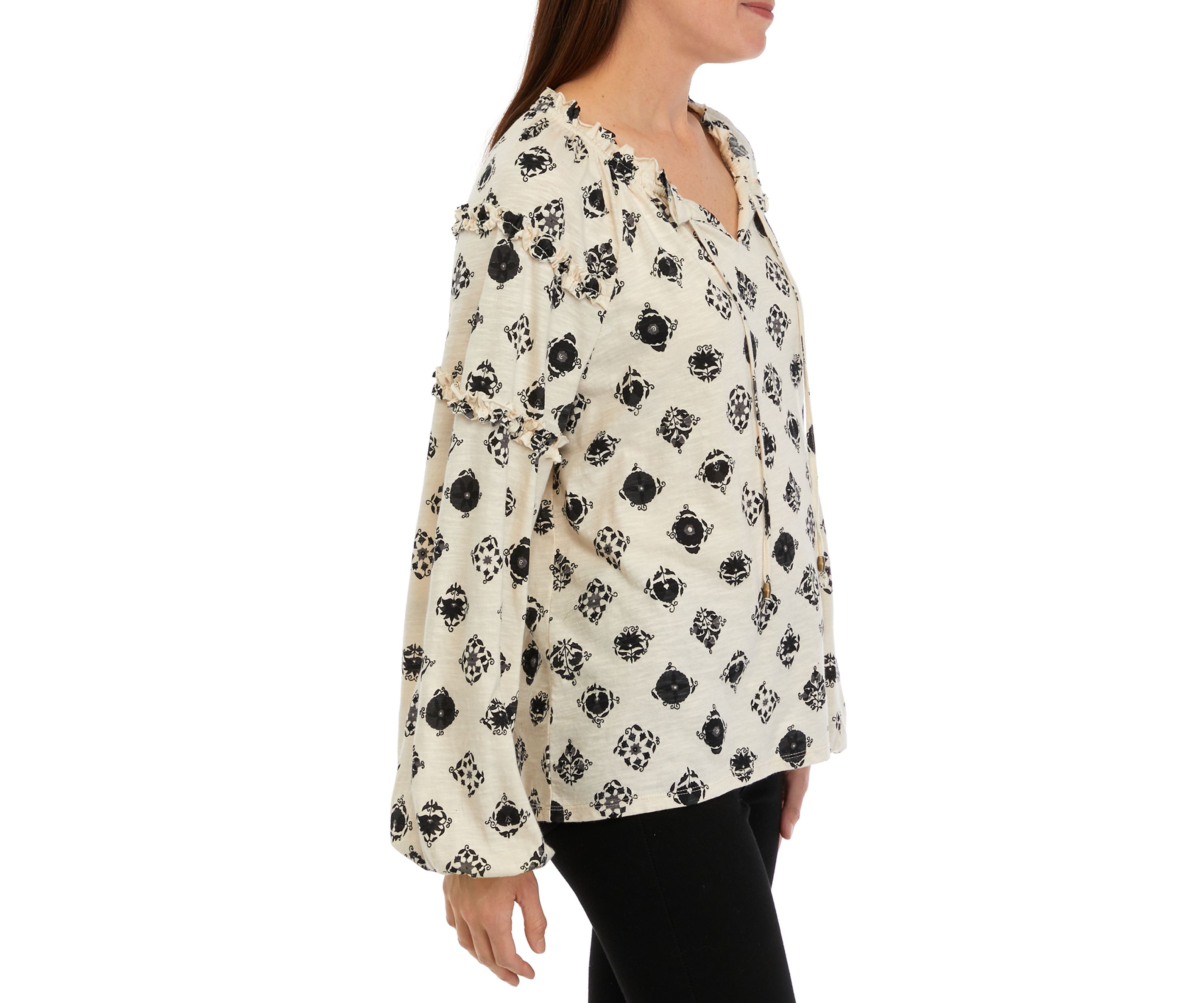 Womens Ruffle Sleeve Printed Peasant Top