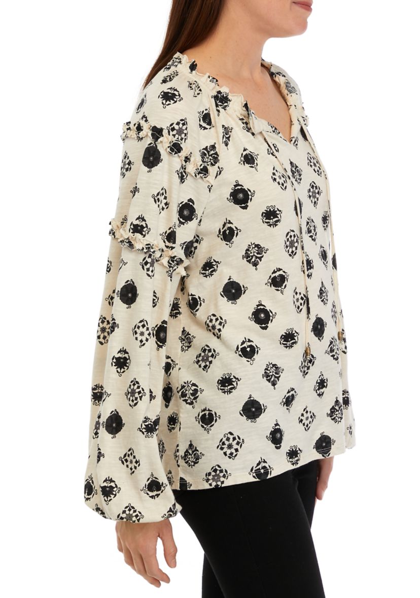 Womens Ruffle Sleeve Printed Peasant Top