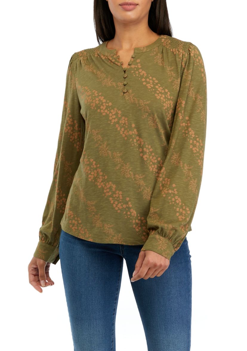 Womens Smocked Printed Top