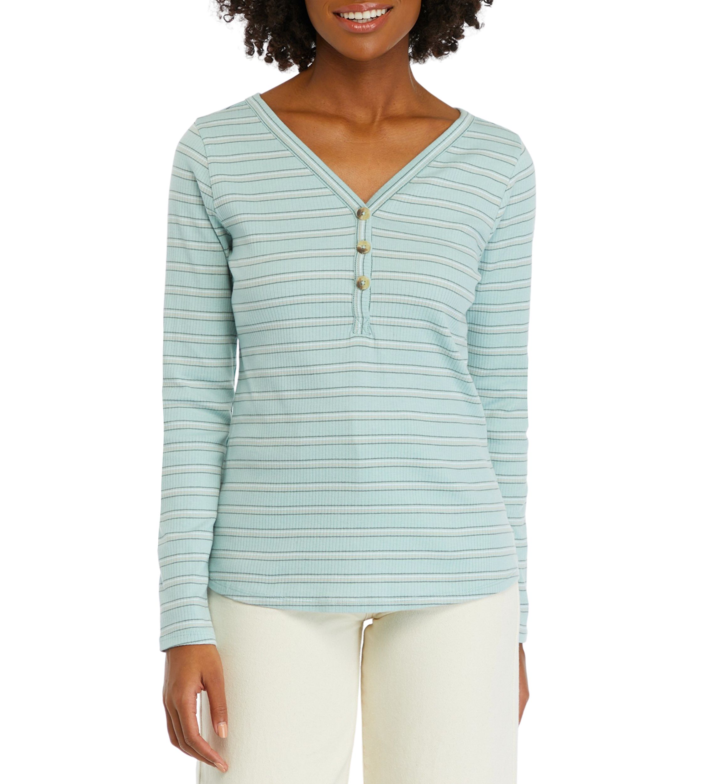Womens Long Sleeve Henley Striped Top