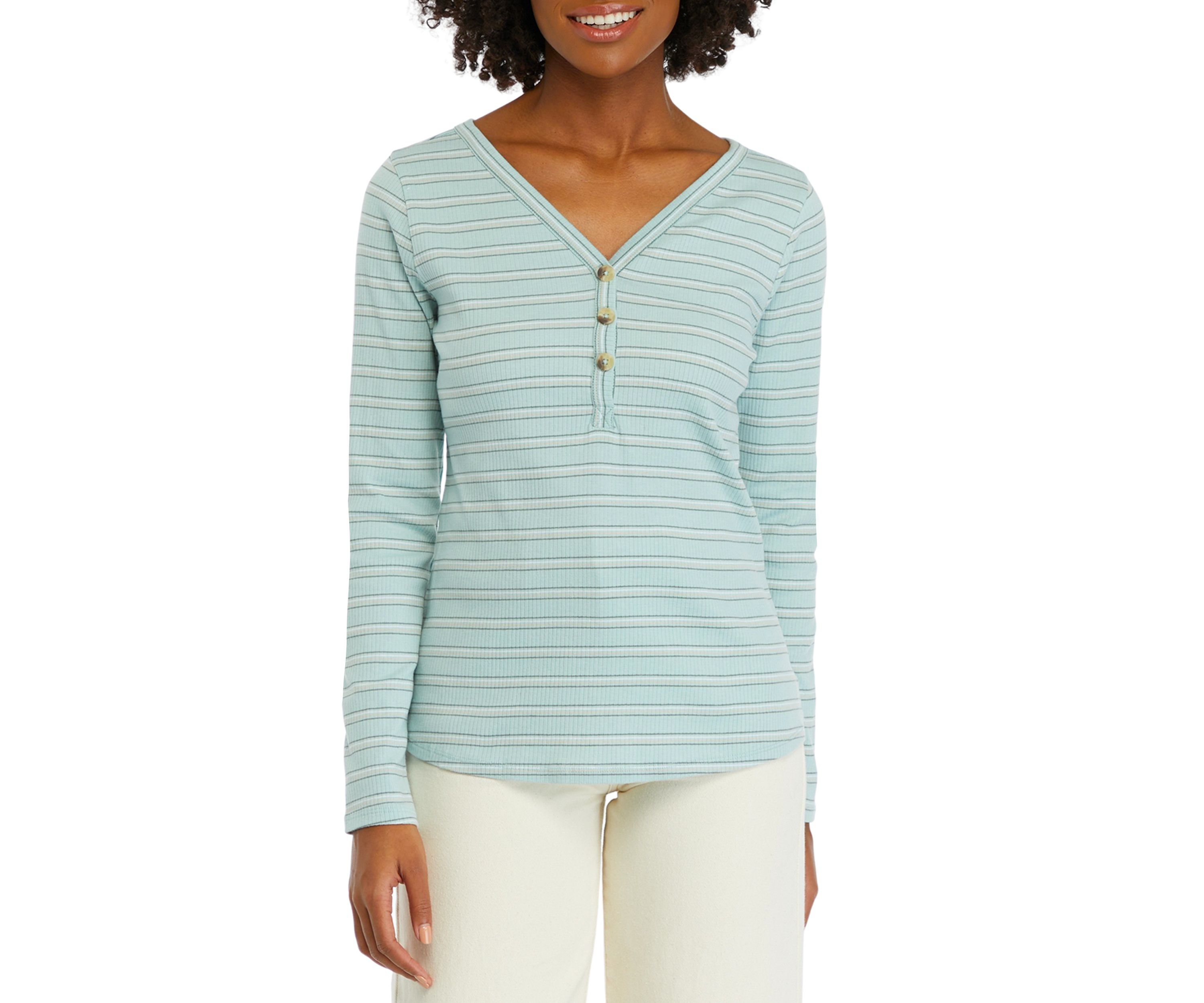 Womens Long Sleeve Henley Striped Top