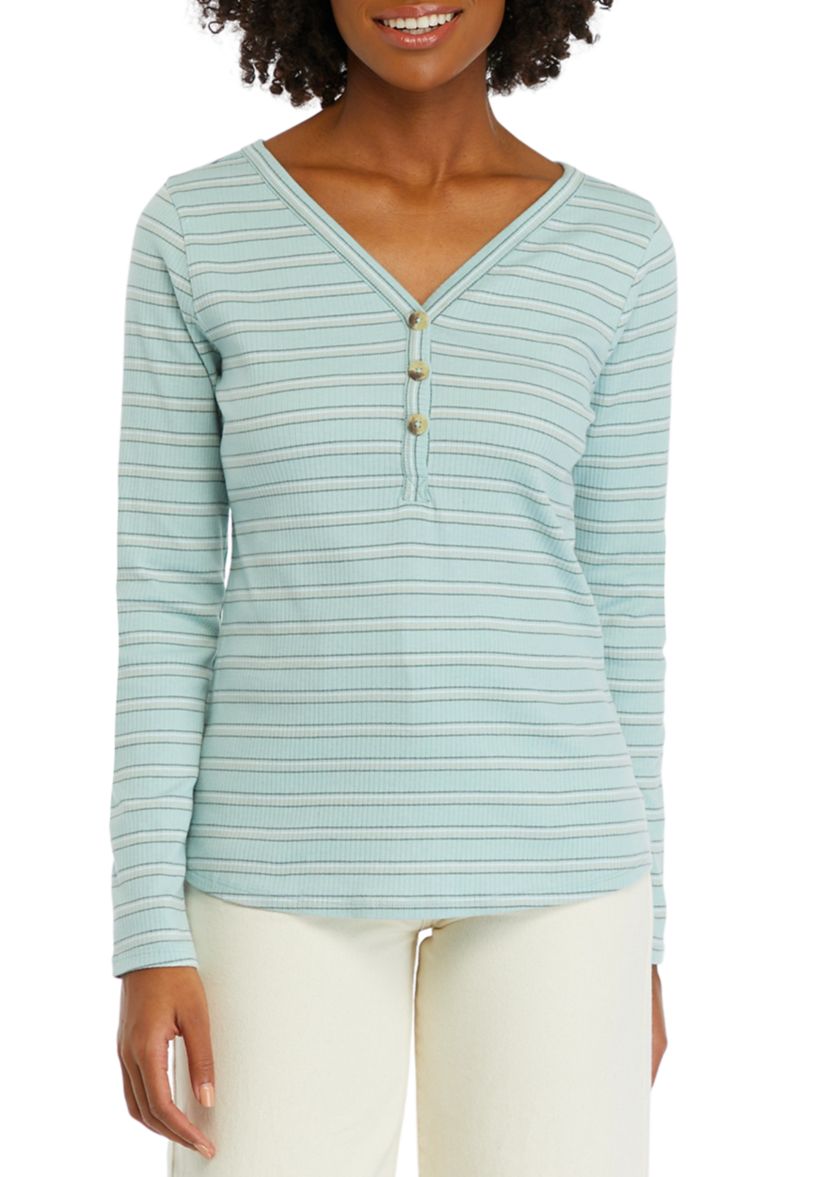 Womens Long Sleeve Henley Striped Top