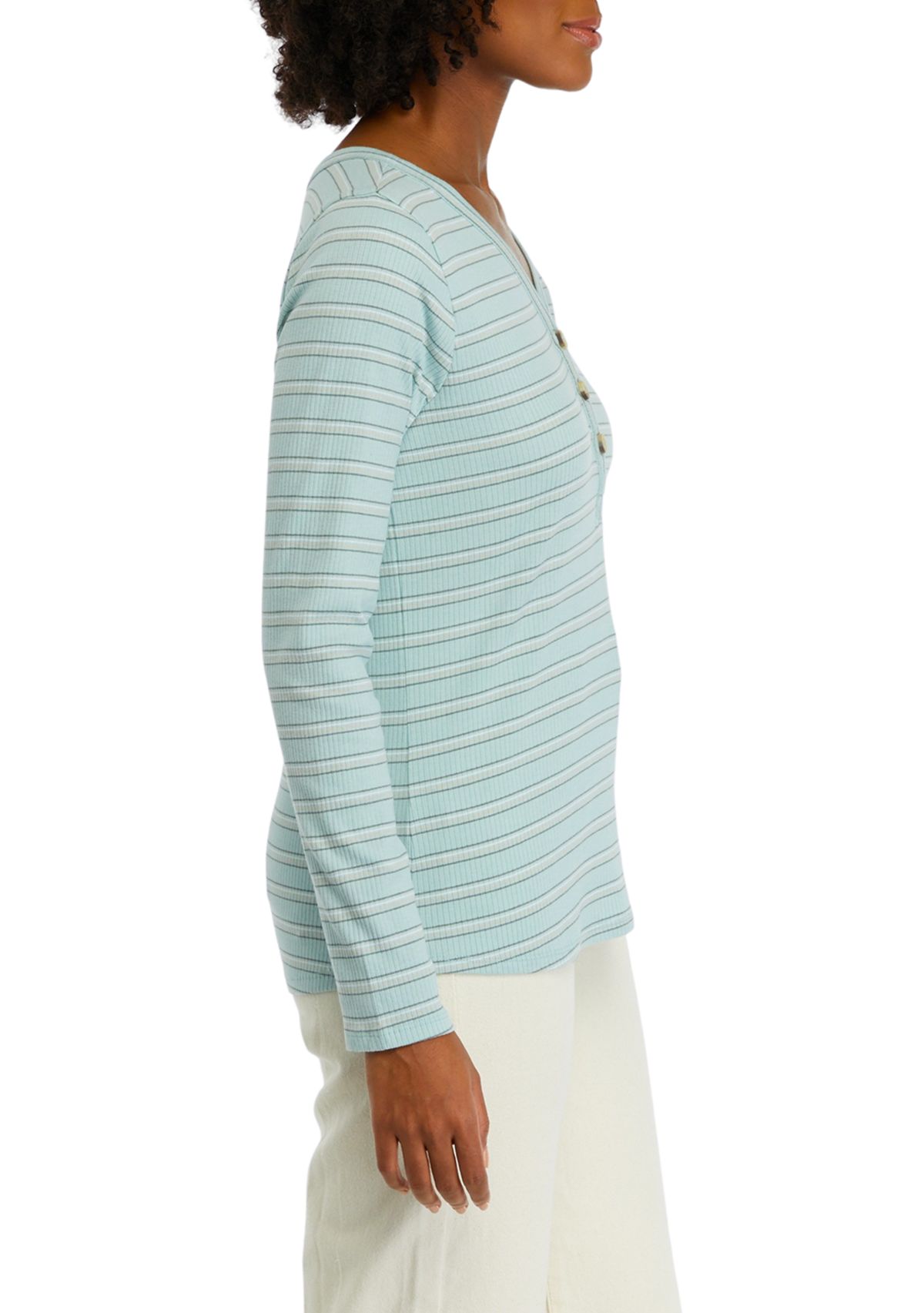 Womens Long Sleeve Henley Striped Top