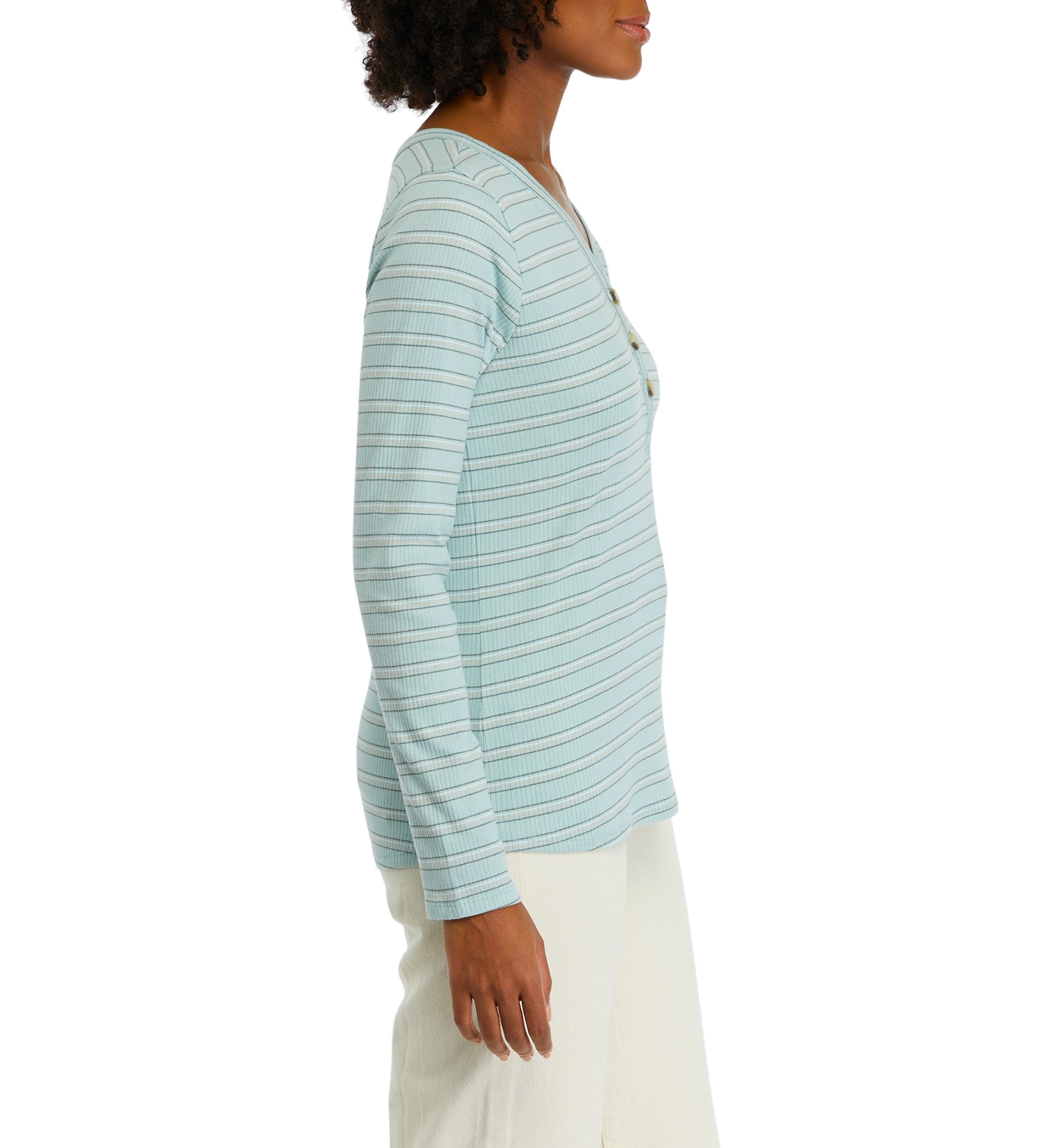 Womens Long Sleeve Henley Striped Top