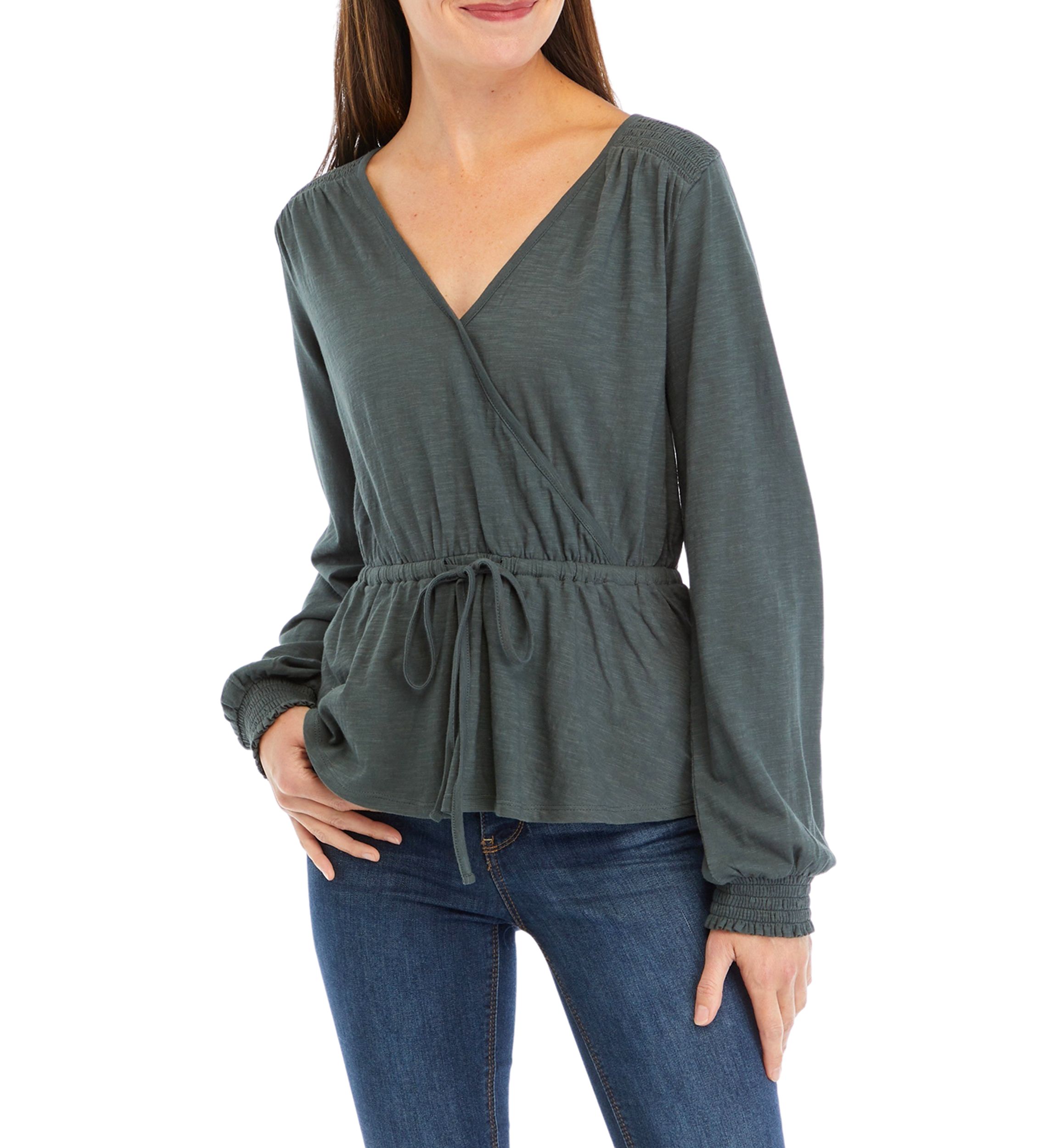 Womens Tie Waist Solid Peplum Top