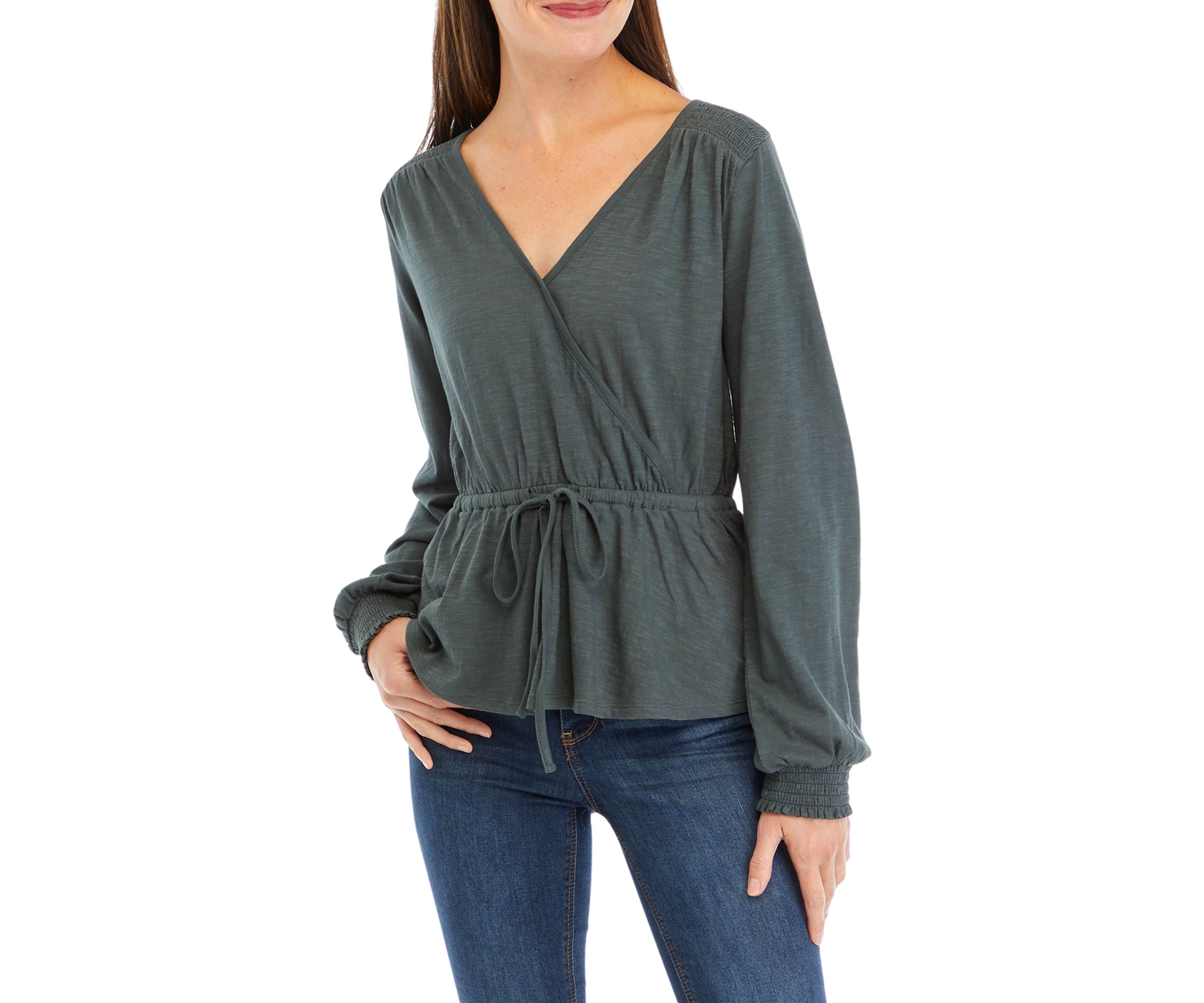 Womens Tie Waist Solid Peplum Top