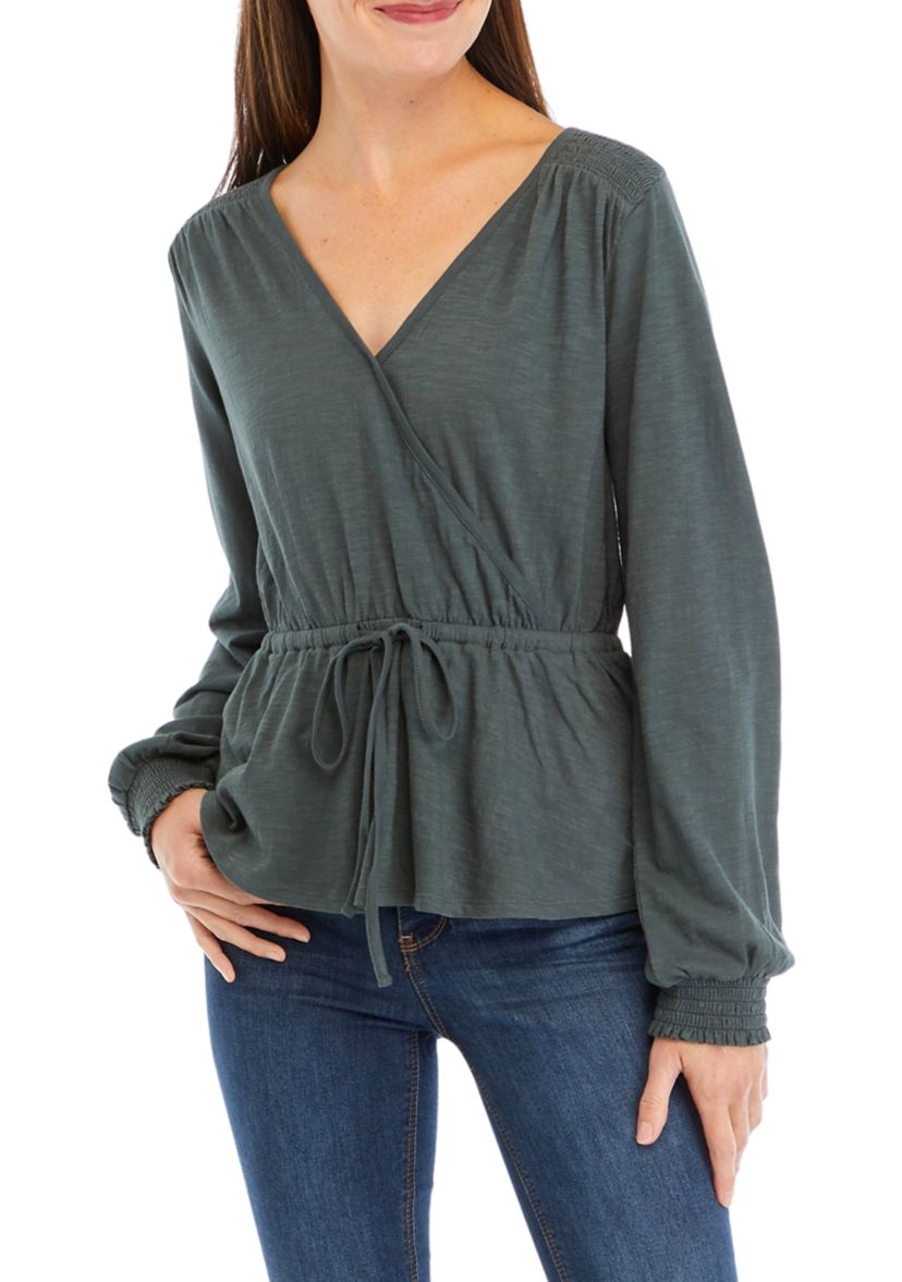 Womens Tie Waist Solid Peplum Top