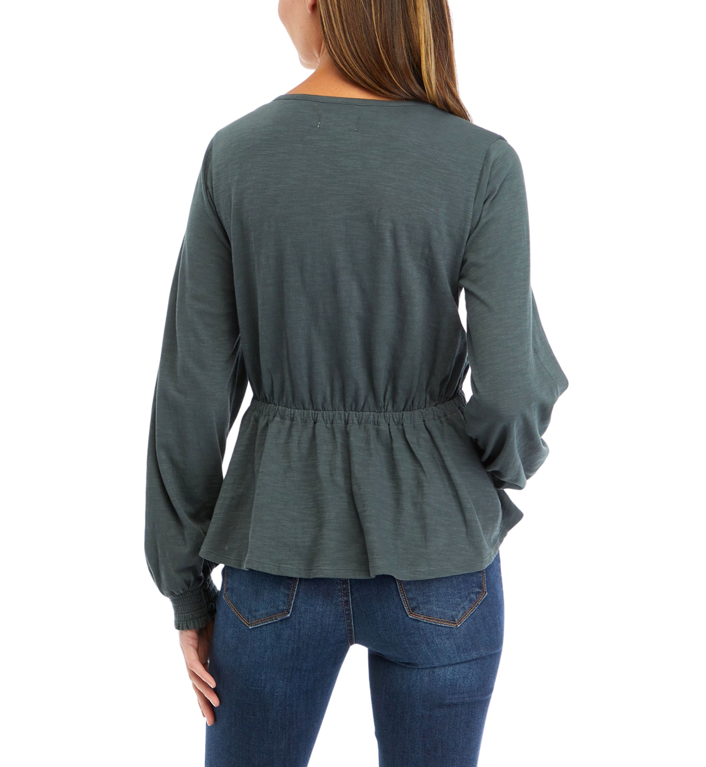 Womens Tie Waist Solid Peplum Top