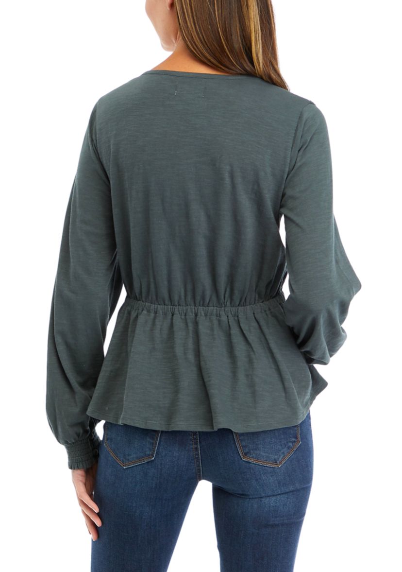 Womens Tie Waist Solid Peplum Top