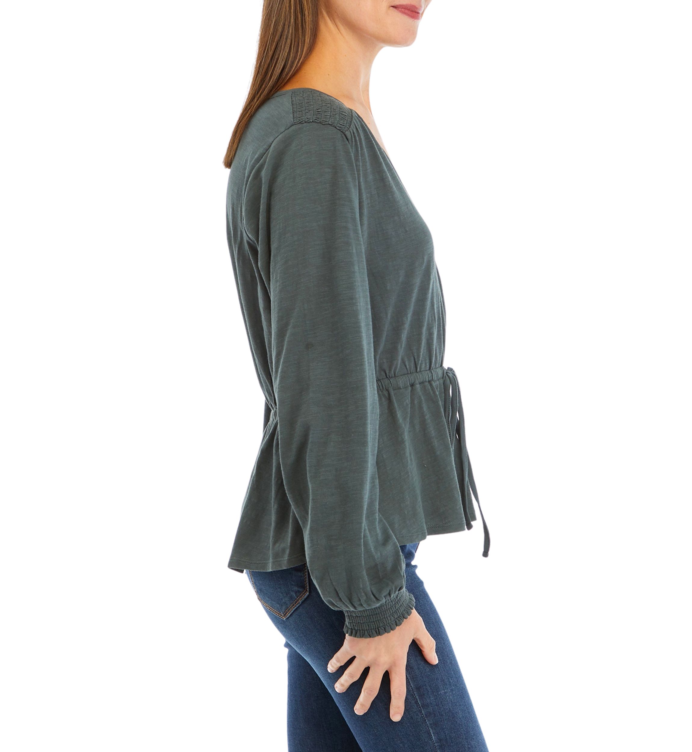 Womens Tie Waist Solid Peplum Top