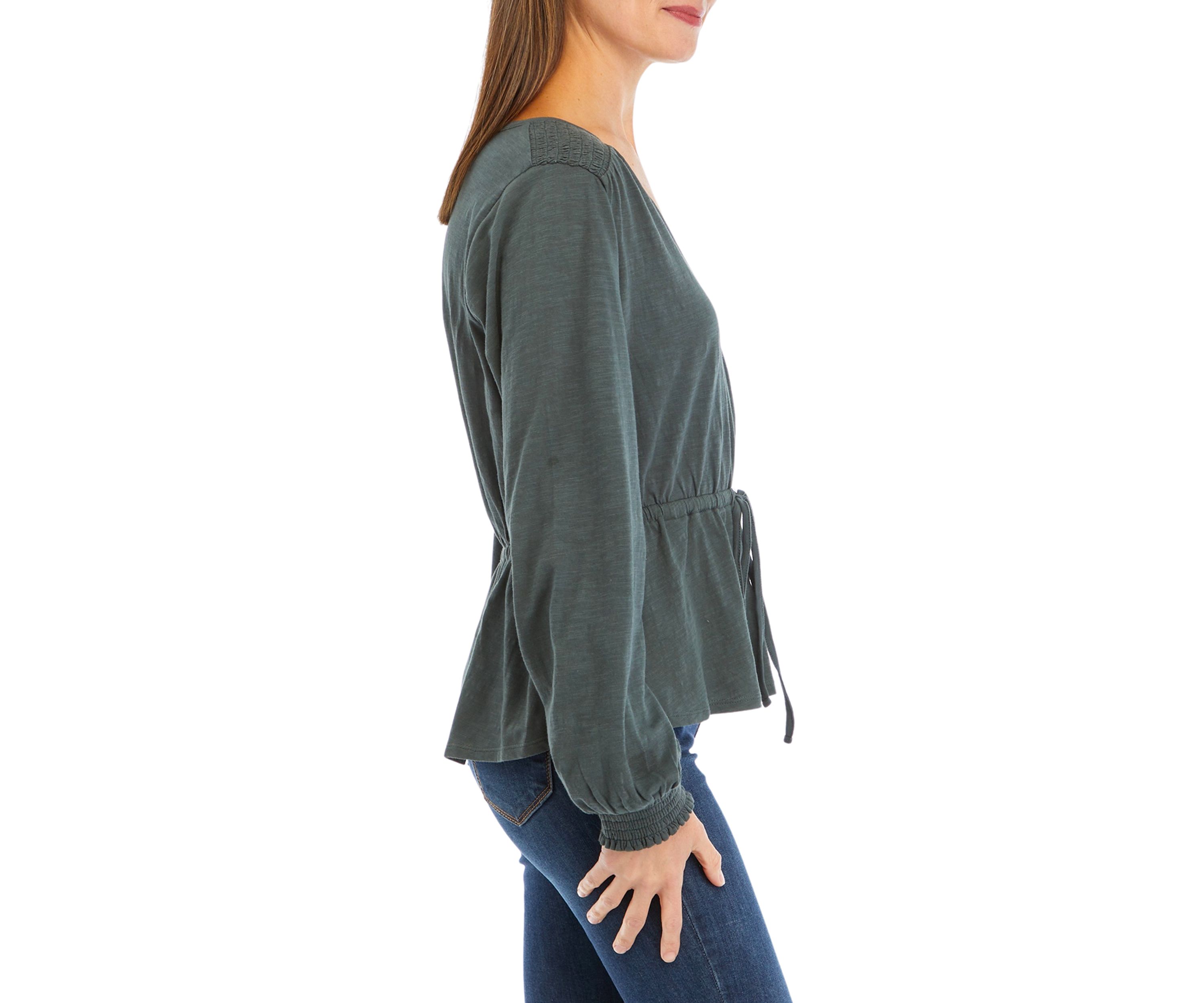 Womens Tie Waist Solid Peplum Top