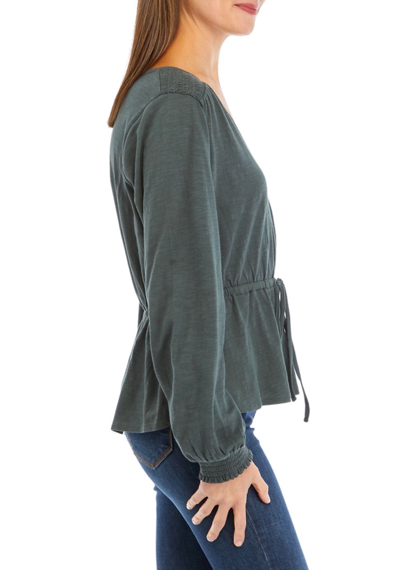 Womens Tie Waist Solid Peplum Top