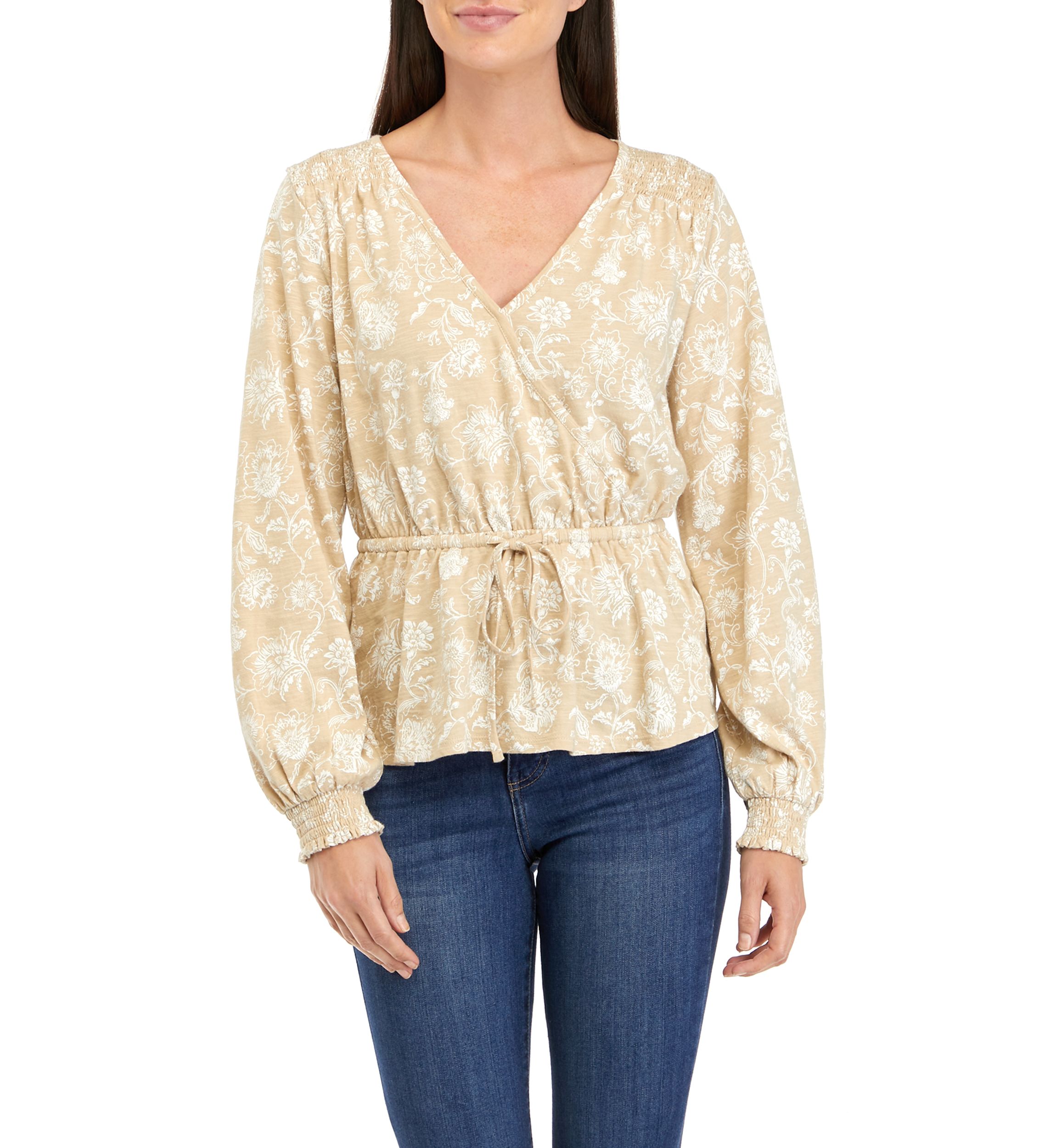 Womens Long Sleeve Tie Waist Printed Peplum Top