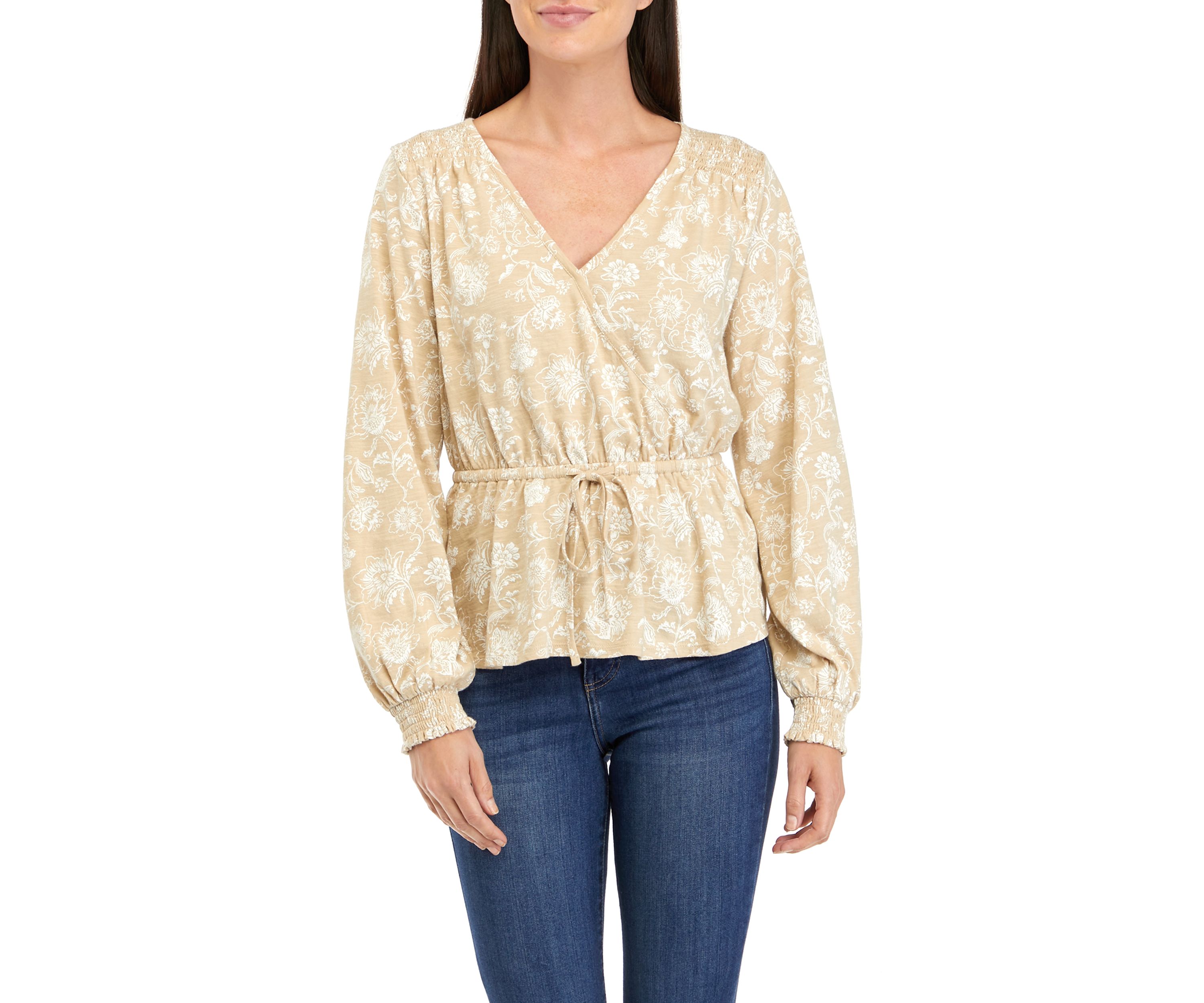 Womens Long Sleeve Tie Waist Printed Peplum Top