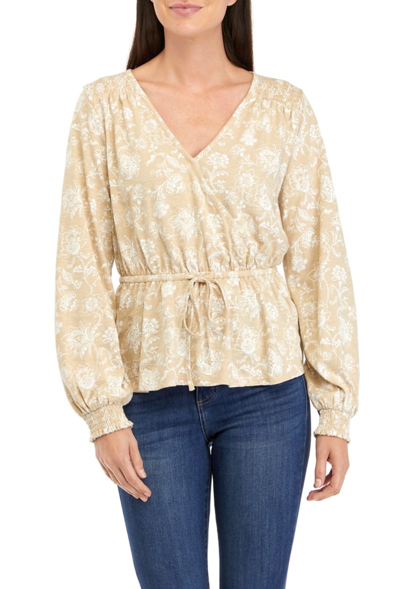Womens Long Sleeve Tie Waist Printed Peplum Top