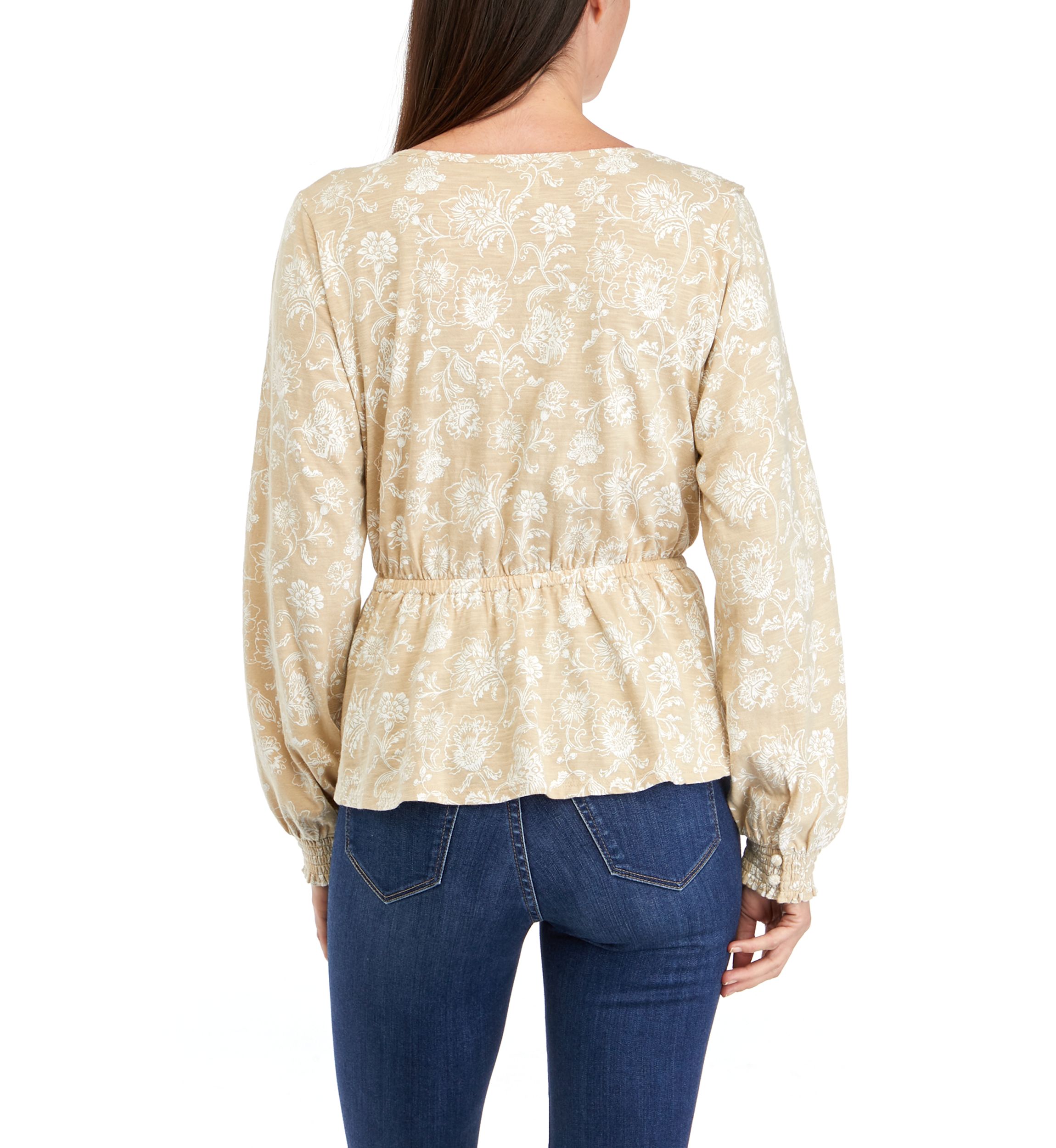 Womens Long Sleeve Tie Waist Printed Peplum Top