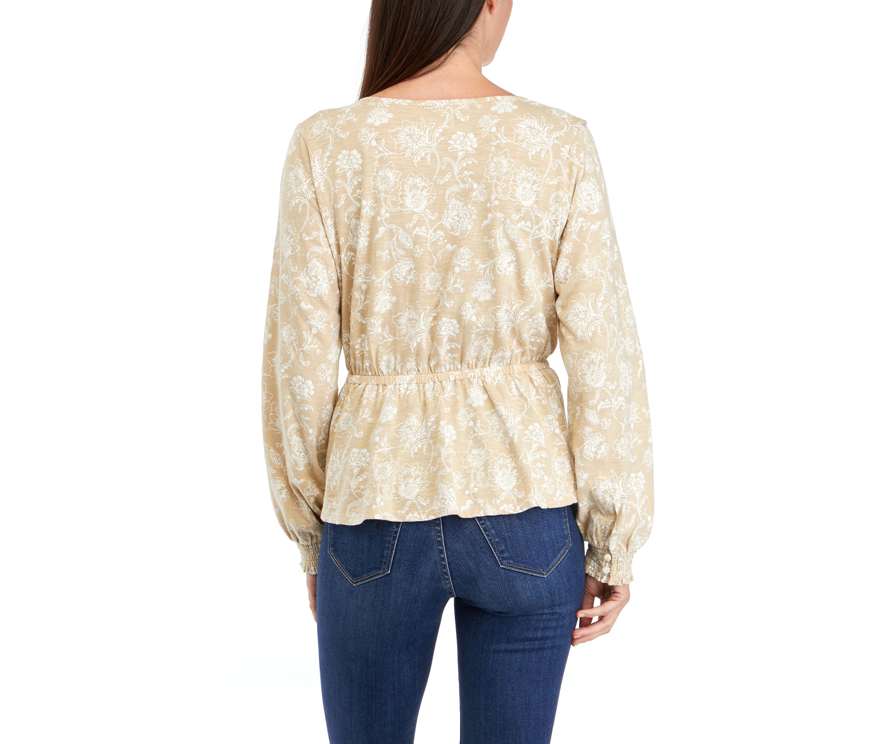 Womens Long Sleeve Tie Waist Printed Peplum Top