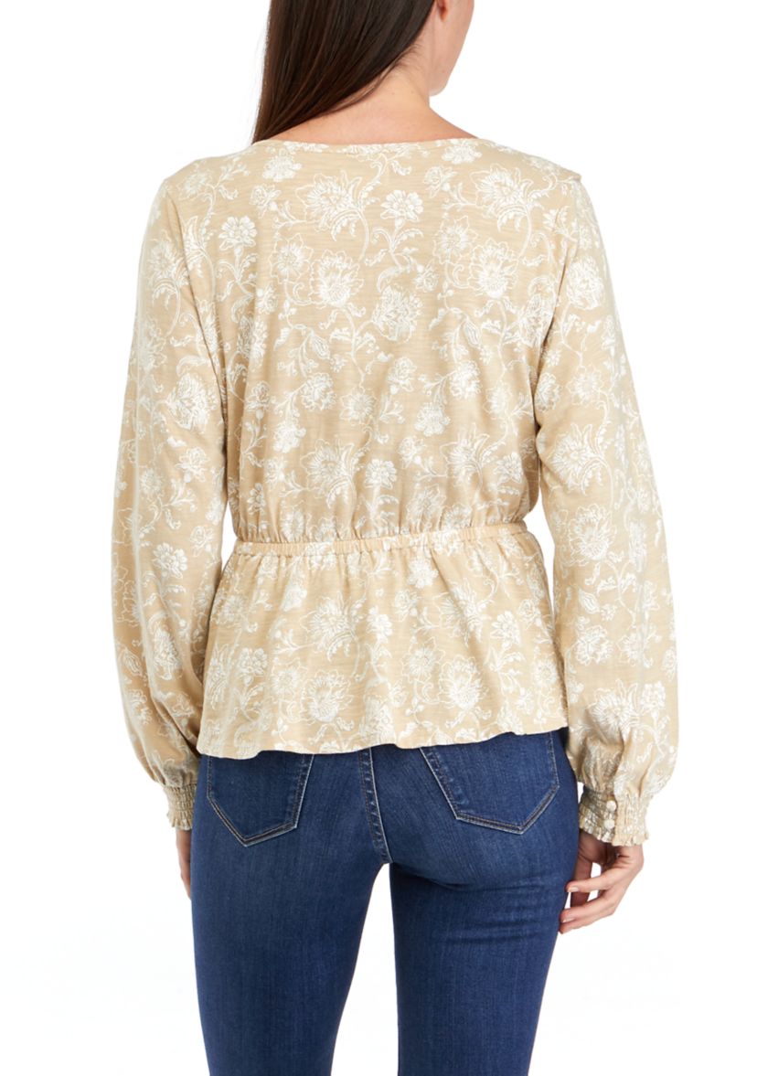 Womens Long Sleeve Tie Waist Printed Peplum Top